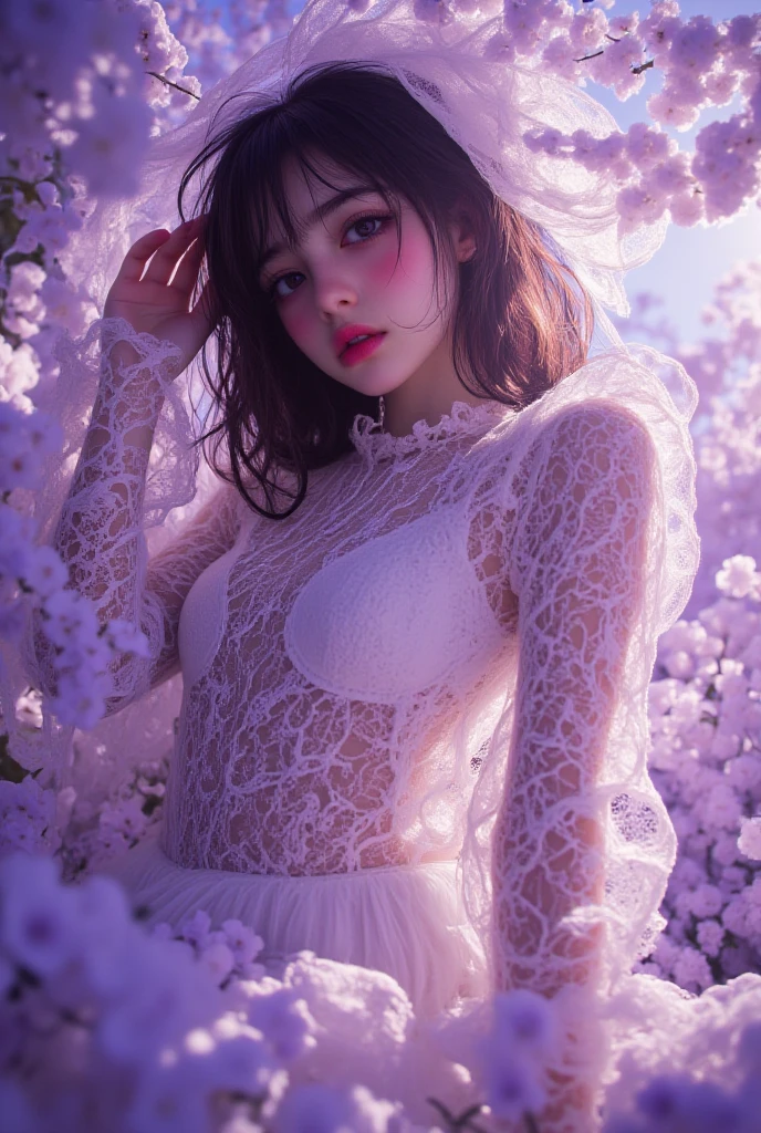 A cute woman (age 20, giga breasts, sheer night gown brightly colored, no underwear) is rolling in a field of flowers at night playing with her teddy bear, sultry poses to viewer