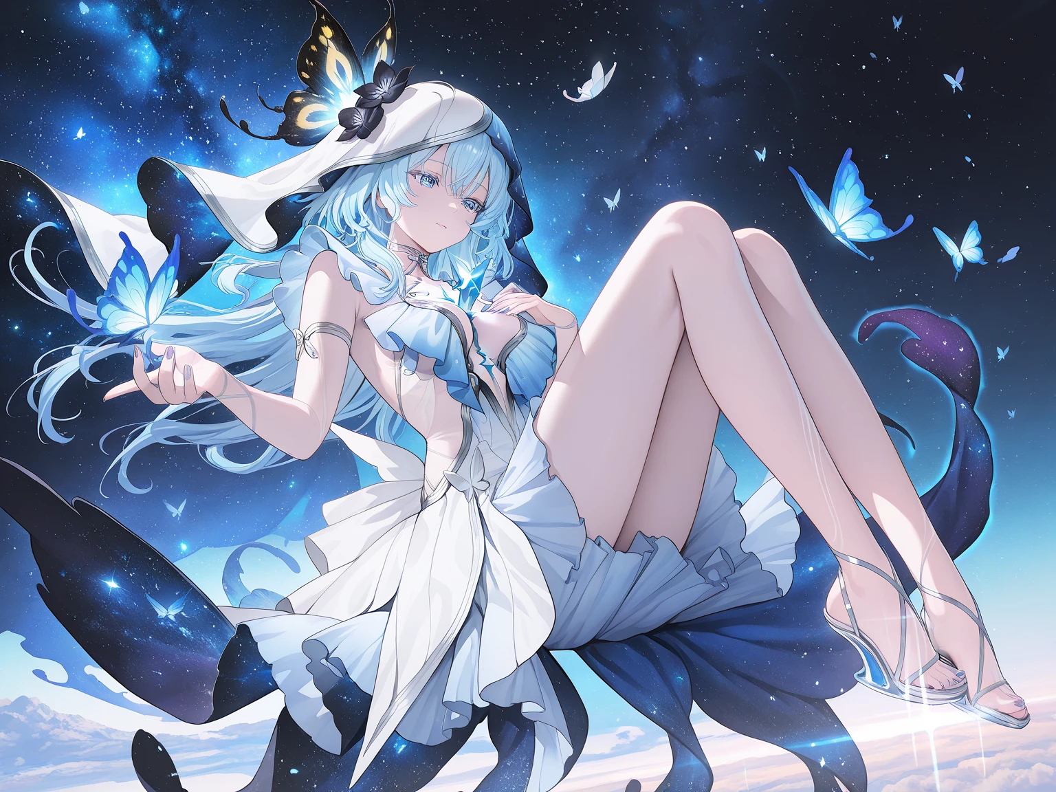 A mystical otherworldly half-timber town、Standing Girl、Black coat、white t-shirt、White and sheer skirt、beautiful thigh、Beautiful feet、Light blue-purple short hair、Looking at me with a smile、Black sneakers with white shoelaces、Large witch hat with sapphire accessories、Dark brown eyes with highlights、On a hilltop with a panoramic view of the town、Historic big castle、hiquality、high-level image quality、Underwear is sheer、Panties are showing through、