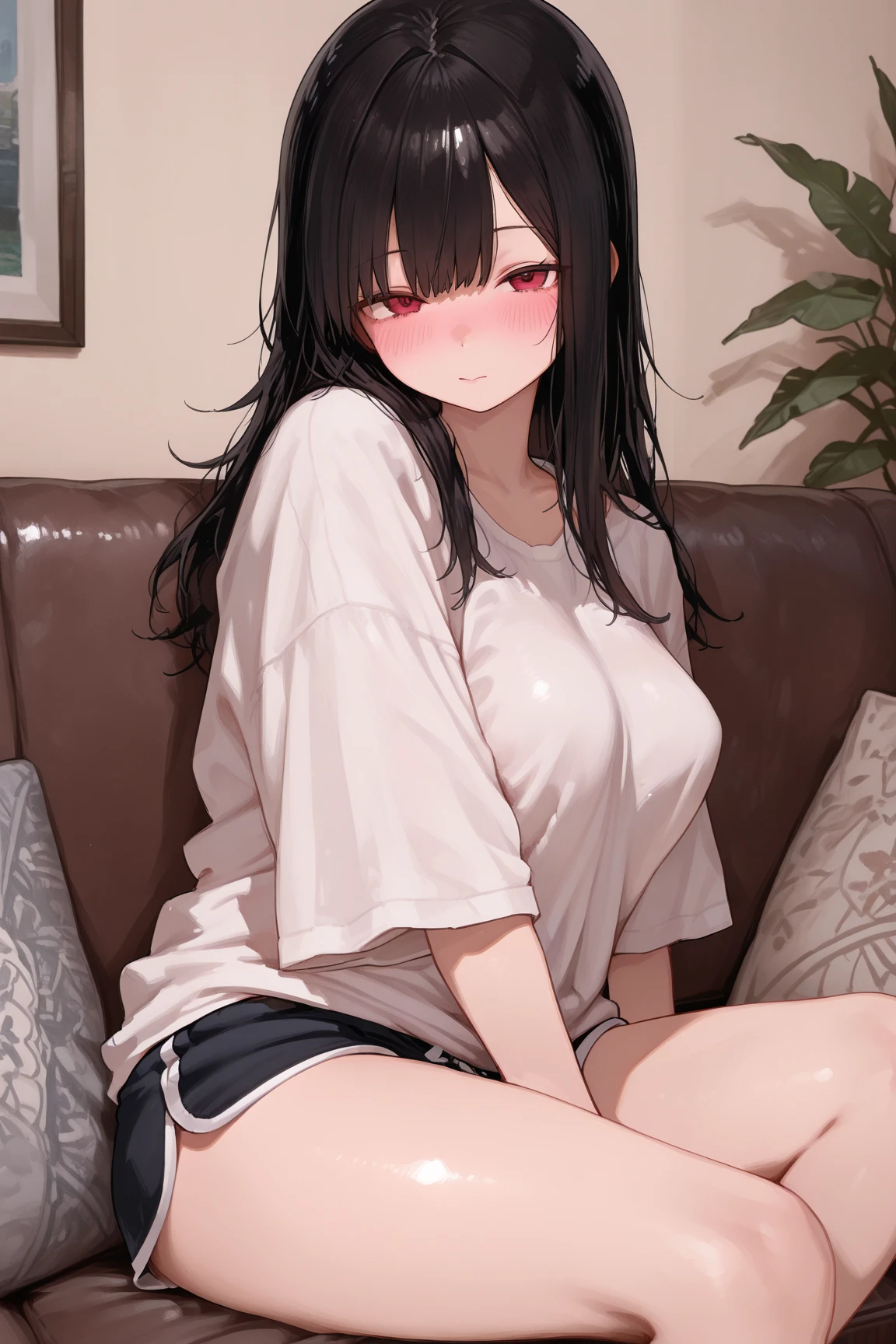 Absurd:1.8, Realistic, unity 8k wallpaper, masterpiece, Detailed Hair, Very detailed, Realistic glistening skin、(Black-haired、Long hair short hair、White hair band、Red eyes、Off the shoulder、Red sweater、Long sleeve)、(Embarrassing、blush:1.3)、((From below:1.2, White underwear:1.4, Masturbation:1.8, Spread your legs、Show your underwear))
