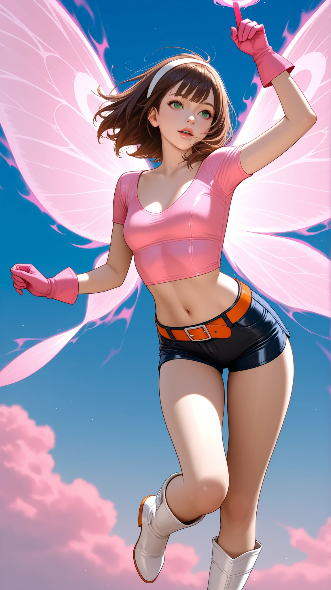 Full-body view of a beautiful woman with long brown hair and full spiky bangs, green eyes, medium chest, wear a white hairband, wear a tight pink leather shirt with short-sleeves and scoop neck, dark blue leather shorts with orange belt, pink gloves, white boots, her shirt is cut to expose her midriff with deep navel, her body gives off a pink energy aura, she has big wings from her aura and its shape is like fairy wings, she flies above the sky, dynamic flyng pose, front view, background above the sky, realistic