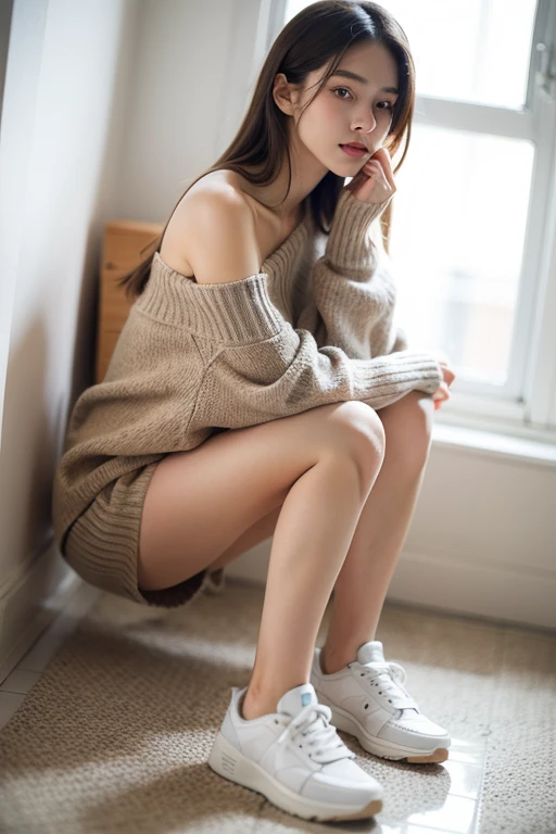 Dark brown hair、Light brown eyes、Japanese actress、 Lady、I am about 40 years old..、(Intricate details:1.2)、(Which one is on top??:1.4)、 (Ultra-high resolution:1.2)、Ultra-high resolution、(Finely tuned)、(Detailed facial features)、Hmph、8K resolution、D cup size breasts、Long Hair、Bright bathroom with sunlight shining in、Large windows、Extravagant space、relax、、,Full body photo、Head to toe shot、Beautiful legs、red　Off-the-shoulder knit、Beautiful legs、A refreshing room filled with sunlight、she, household items,   (plant:0.8), Fashion Hub, Extreme Detail, Very detailed, Realistic, Hourglass-shaped body, Obscene pose,、、私 cry a lot、tears、person on the left、White wall、White floor、diagonally from below、Lift your chin、Put your butt against the wall、relaxした表情、Pose of Weakness、
