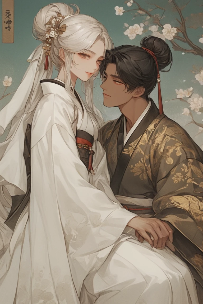 ((highest quality)), ((masterpiece)), (be familiar with), ((perfect face、female、Enchanted body、blonde、blue eyes、Hanfu、Bun head、luxurious ornaments、wife、blonde、pregnancy、pregnant woman))((male、middle aged、black hair、China人、Hanfu、husband、成金middle aged、fancy clothes))China、Hanfu、marriage、marriage式、bride、Luxurious clothes、hug each other、Red clothes、kiss