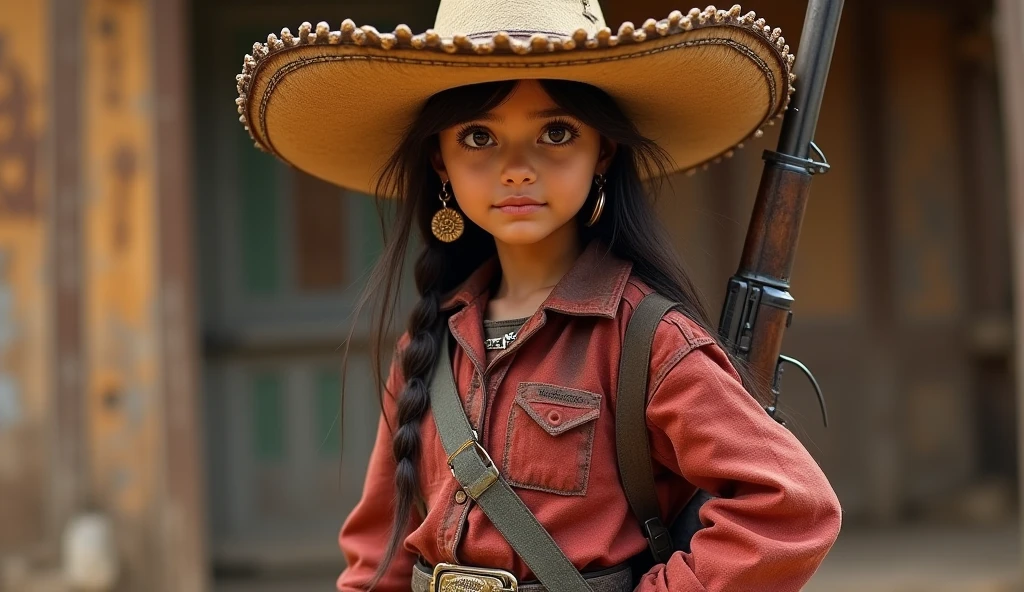 10 year old girl russian child, fechar para cima, retrato, com longos cabelos loiros, in a cowboy hat, fundo laranja.