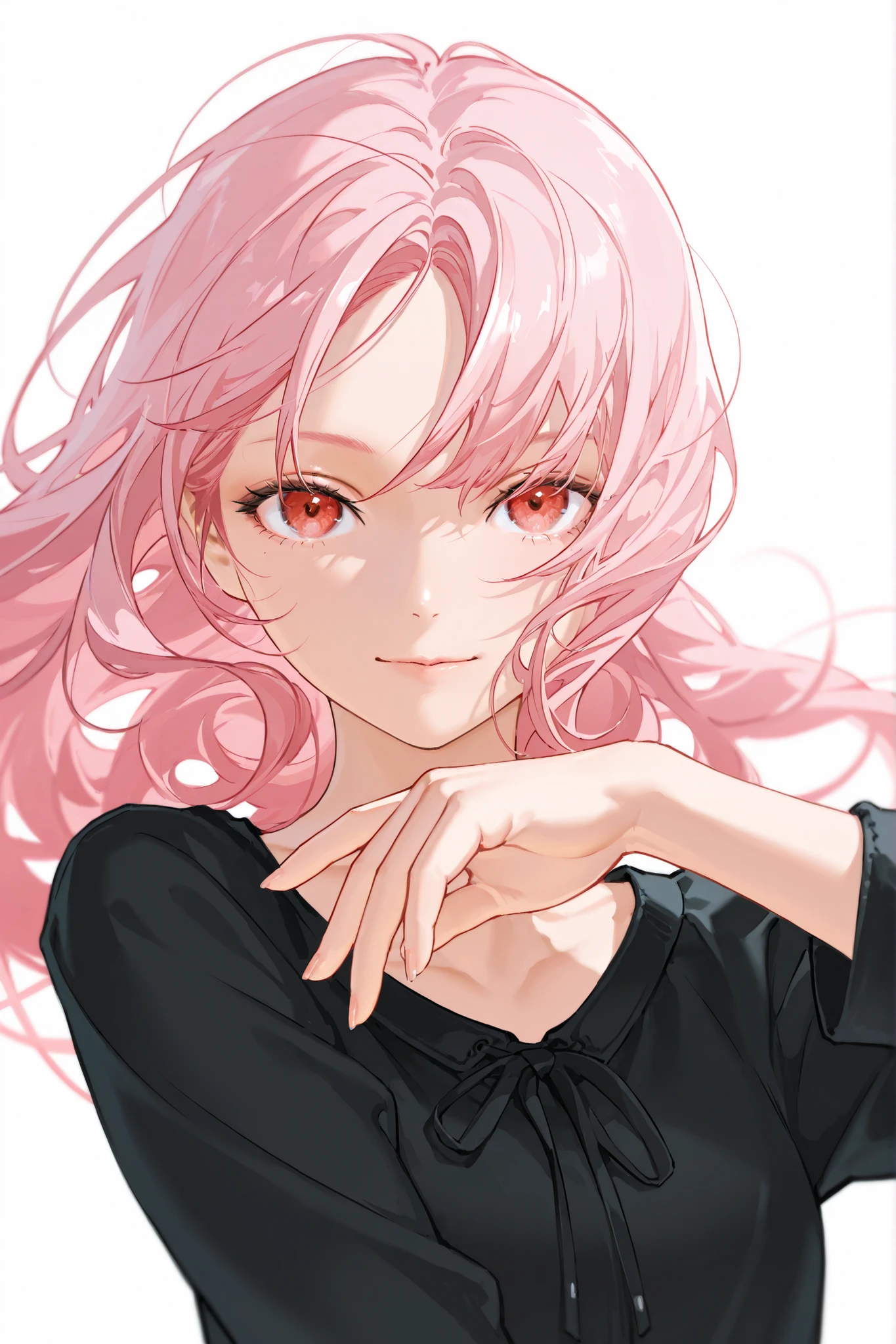 1girl, pink hair, red eyes, high detailed eyes, simple background, looking at the viewer, stylish, parted bangs, long hair, stylish hairstyle, upper body, trendy casual outfit, no ears, cool girl, Detailed perspective. Realistic style, dynamic, dynamic angle, dynamic pose, with fine details. High level of detail in the character's face and hair. Character style suggestive of a fantasy or game-related character design. --ar 16:9 --v 5