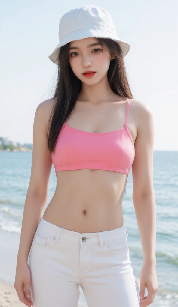 (at beach, 1 girl, small breasts, medium long hair, pink tank-top bikini, camel toe, Spread legs, squatting:1.5), fair-skinned, glossy lips, skinny, body type, delicate and sexy clavicle, highest quality, RAW photo, realistic, face, incredibly ridiculous beautiful girl, cute, Depth of bounds written, High resolution, ultra detail, detailed, Very detailed, extremely detailed eye and face, sharp pupils, sharp focus, cinematic lighting