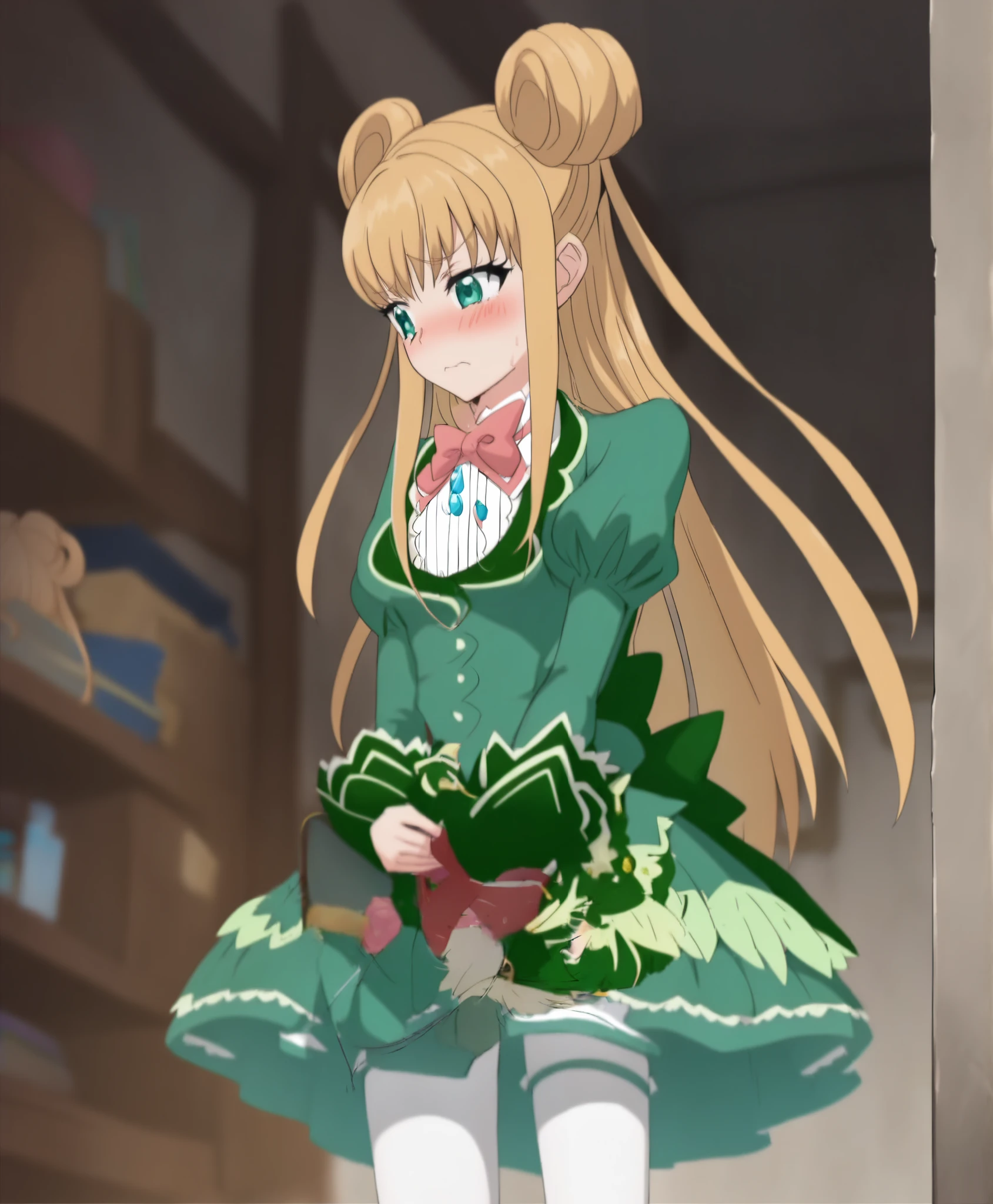 1girl, standing, from before Cecilia, blonde hair, tailbone length hair, masturbation,green dress, two buns, white pantyhose, red slippers,very long legs,spread legs,blushing