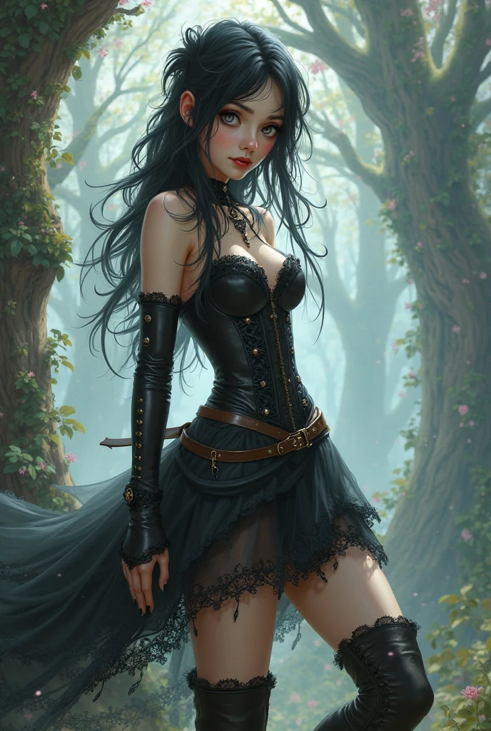a sexy female magician, wearing a black corset and checkered miniskirt, detailed belt, standing in a forest near a river, performing magic tricks, (best quality,4k,8k,highres,masterpiece:1.2),ultra-detailed,(realistic,photorealistic,photo-realistic:1.37),HDR,vivid colors,dramatic lighting,night sky with moon and stars,fantasy,erotic,sensual,seductive, , black and white image, eroticism, sexy (best quality, 4k, 8k, high resolution, masterpiece: 1.2), ultra-detailed, (realistic, photorealistic, photorealistic: 1.37), details intricate, vivid colors, sharp focus, professional, Dave McKean artwork, surrealism oil touch, oil painting style, portrait, woman, beautiful detailed eyes, beautiful detailed lips, dreamy atmosphere, shadow play, lighting soft, fun pose, dark tones, ethereal background, fantasy elements, texture, layered composition.