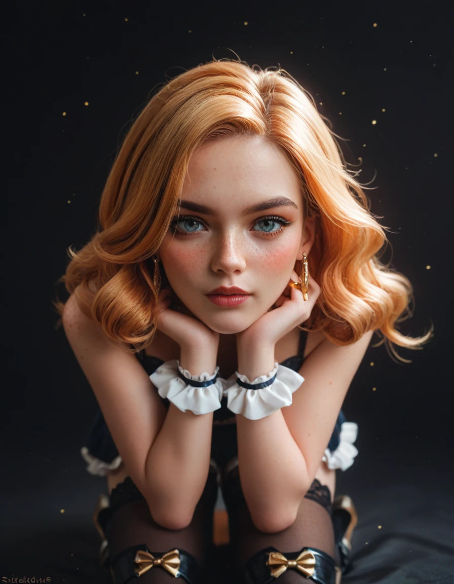 Prompt: Realistic, (photorealistic:1.4), beautiful happy girl with blond and brown highlight hairs , sitting pose, wearing a black dress with white detail , ultra detailed face, intricate details, skin texture, pores, highlights, hyperdetailed, soft natural light, exposure blend, flat color, low contrast