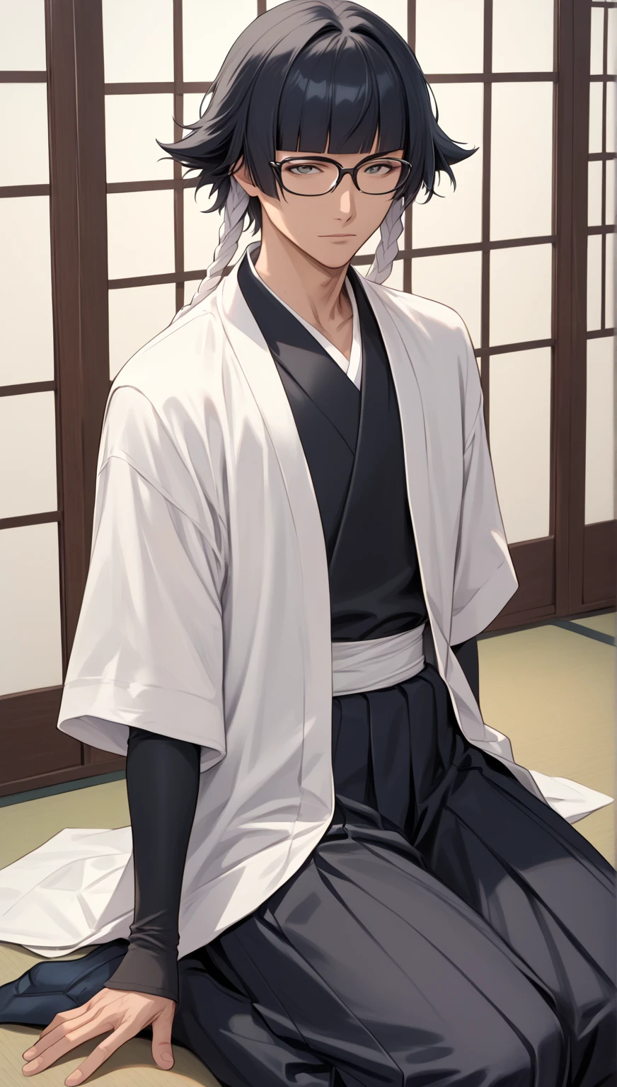 a young man in the story series, "Jujutsu kaisen" named "itadori yuji" with a tattooed face, brown eyes, with red, light hair, sitting on a chair, and a white kimono shirt, with a realistic effect.