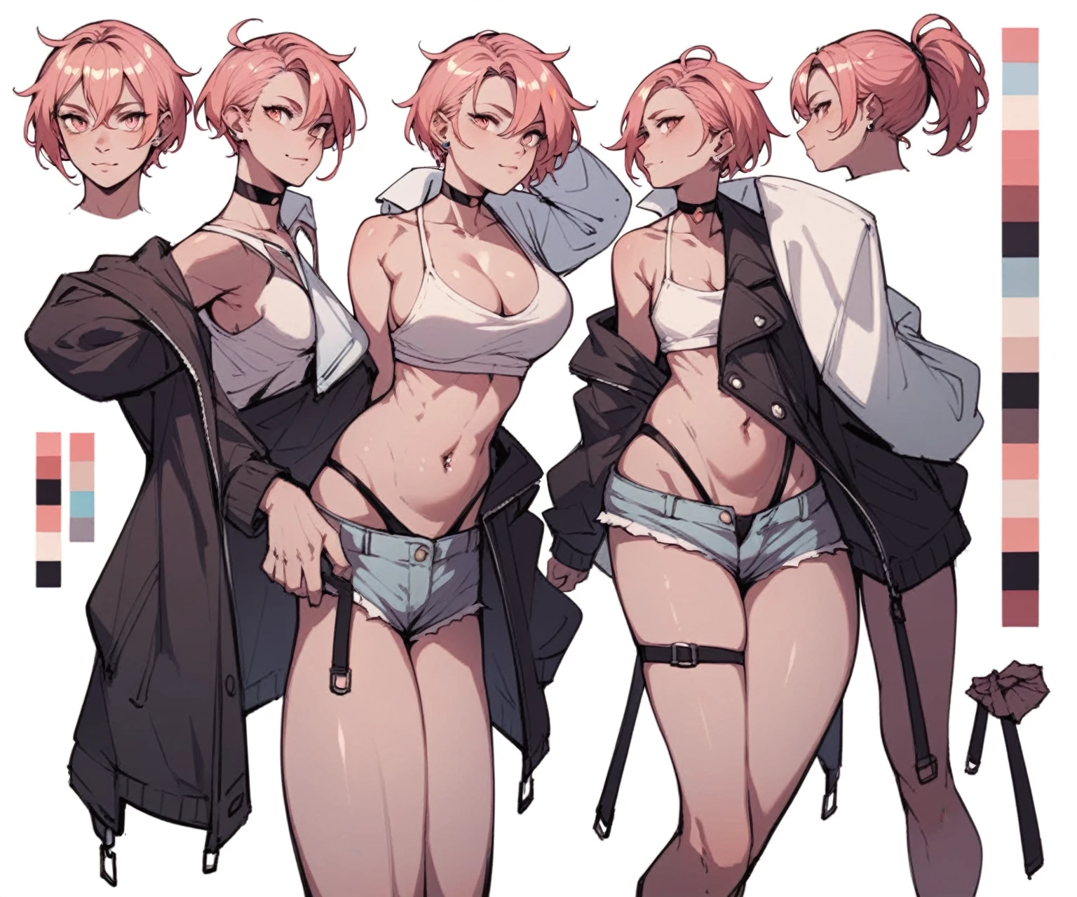 1 male, ((femboy)), Guviz-style artwork, made with anime painter studio, anime realismスタイル, Realistic anime art style, painted in anime painter studio, Inspired by Kim Taehyung, In an anime style, anime handsome guy, Inspired by Kim Taehyung, anime realism, Pink hair, A smile, a choker, Multiple piercings, Man with short hair, Male one, Inspired by Kim Taehyung, bustup, hoody, white background, full body, ((round buttocks)), big ass, big bulge ??????, pink stockings, blue high heels, ((character concept art)), ((character design sheet, same character, front, side, back)), (((same character)))