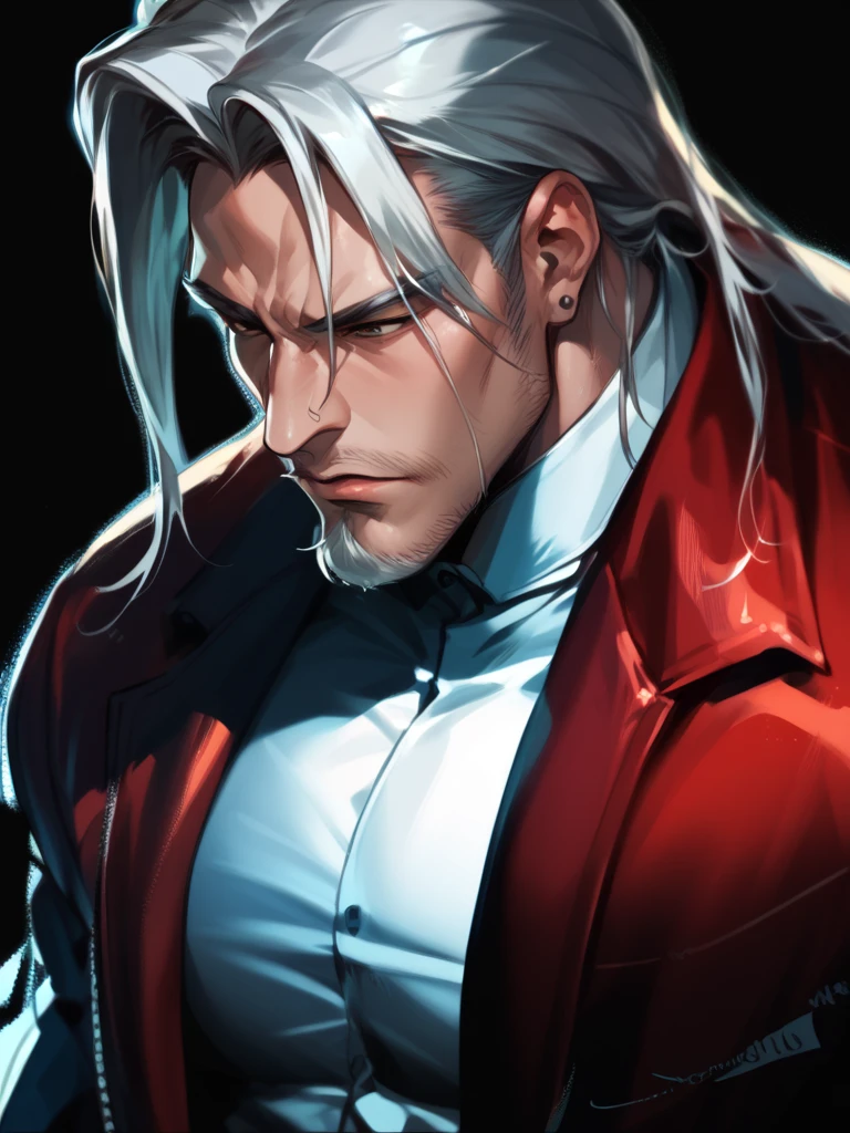 ((highest quality, masterpiece, 1 male, handsome, male, adult male, older guy, broad shoulders, tall height((big hair)), looking at the viewer ((green eyes)), ((orange hair, hair tied), standing, piercings, older face, adult, anime version, black coat outfit, tall man, anime, coat outfit, showing the whole character