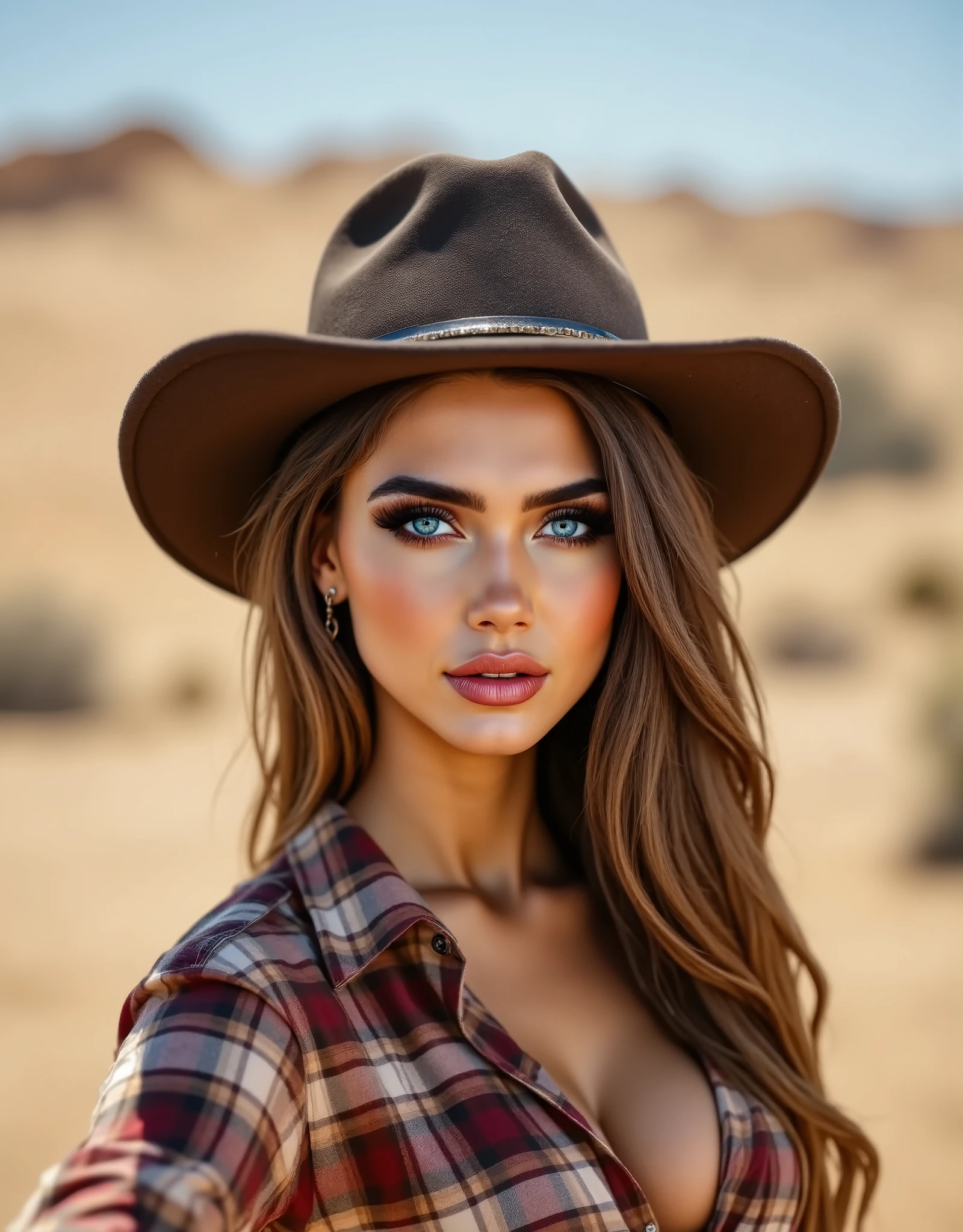 headshot of a stylish woman,in a (desert:1.1),wearing a (plaid-shirt:1.1),(cowboy-hat),(8k, RAW photo, best quality, depth of field, ultra high res:1.2),(absurdres, intricate, photorealistic, masterpiece, ultra-detailed:1.3),