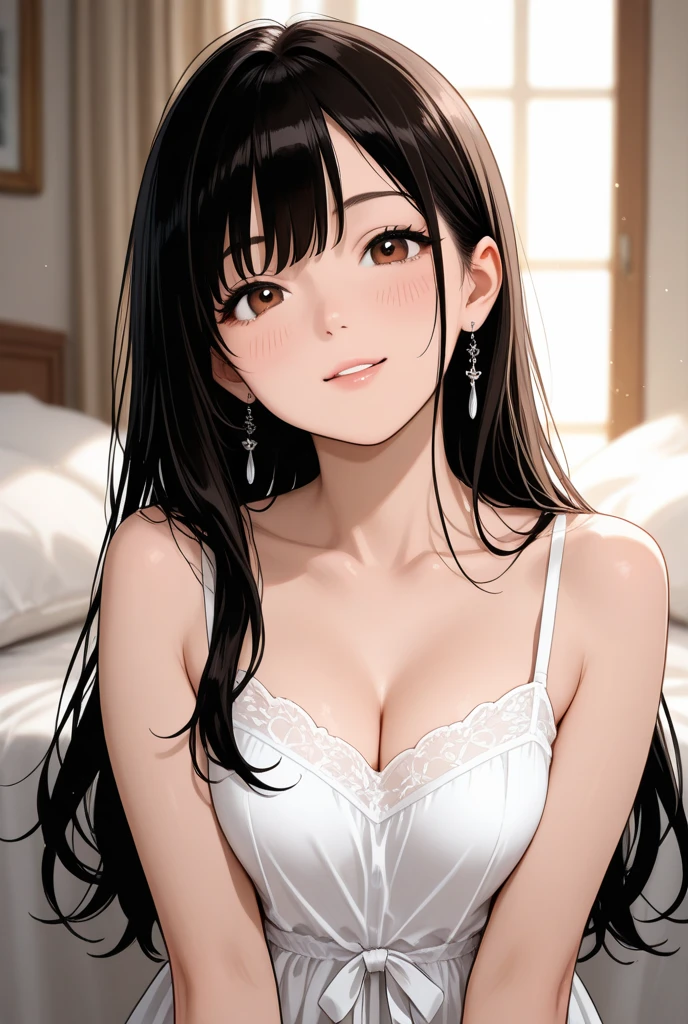 8k resolution, Surreal, Very detailed, high quality,Perfect Anatomy, (girl: 1.1), girl1名, Beautiful Japanese Woman,18-year-old, Shinwes, Detailed face, Long Hair, (Large Breasts:1.5),(Small hips:1.5), (See-through lingerie:1.5), (Camel Toe), cute, Japanese idol faces, smile,(Slim body:1.5),(Pink small nipples:1.2),