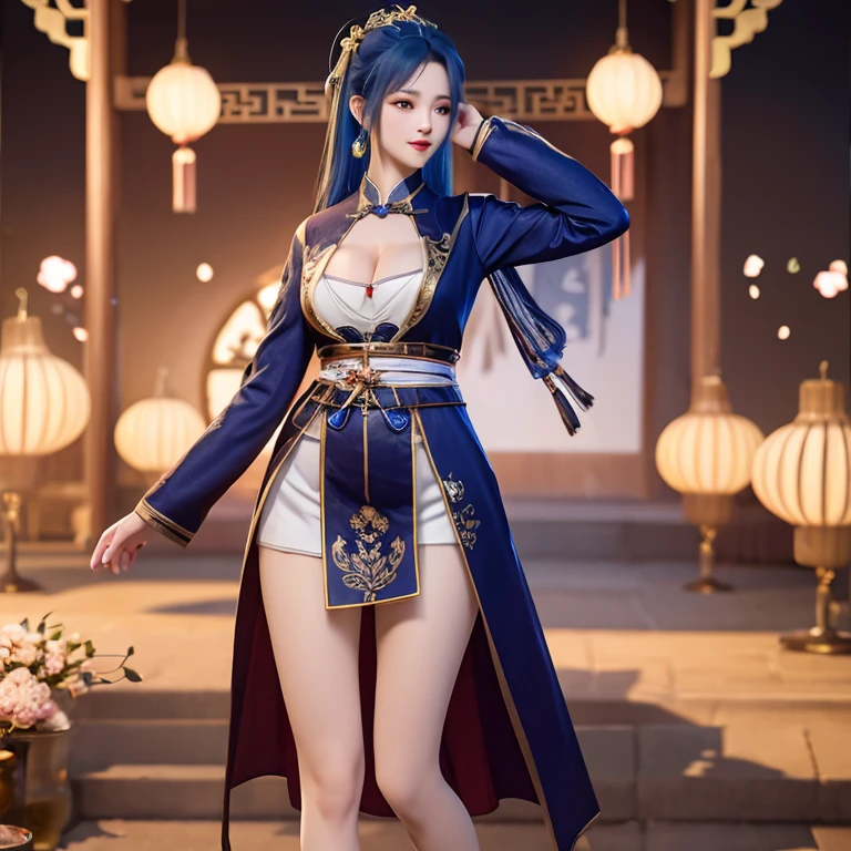there is a beautiful woman in a blue dress holding a gun, lunar themed attire, cloud mage robes, full body xianxia, astral witch clothes, cotton cloud mage robes, multilayered outfit, inspired by Leng Mei, clothes themed on a peacock mage, costume with blue accents, fantasy outfit, full portrait of elementalist, dark blue and white robes
