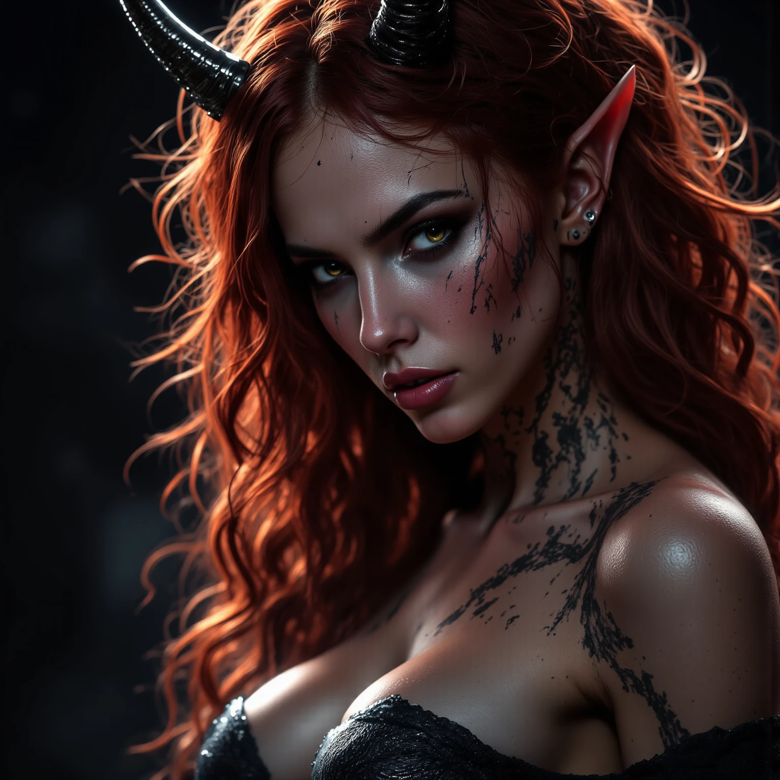 very detailed, horns and a seductive face with scars, Red-haired busty woman, focus on the face, Complex Eyes, realistic, 4K high resolution, with professional, vivid colors, bokeh effect similar to, Mysterious Atmosphere, Graceful Poses, Illuminated face, Perfect Skin , Sensual touch, Dramatic Light and Shadow