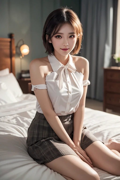 1girl 13 year old, solo, full body, short hair, ponytails hair, unbuttoned blouse, showing very small breasts, looking at viewer, brown eyes, jewelry, full body, mini skirt, necklace, lips, realistic, nose, flirting with camera, naked