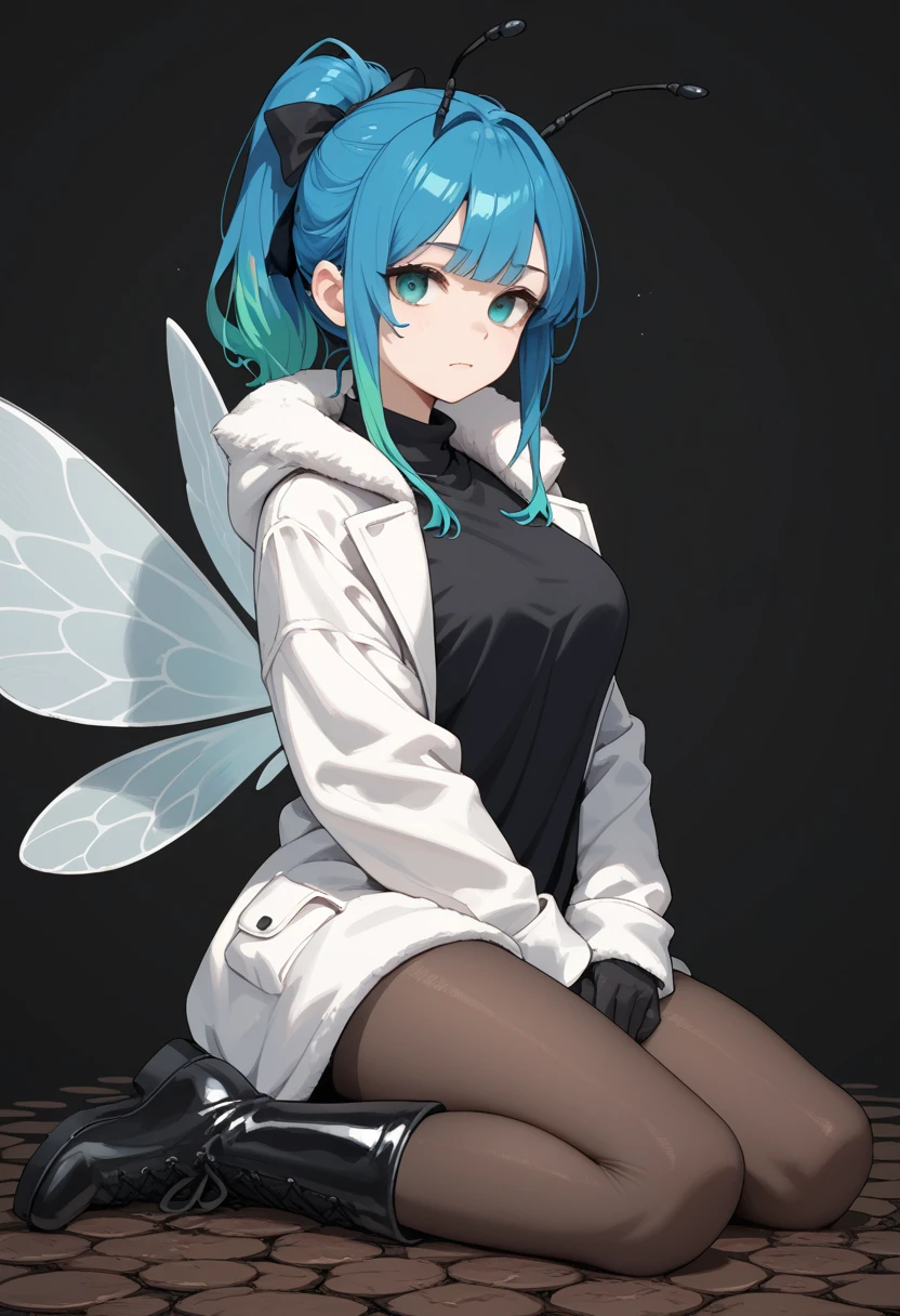 Butterflies are flying、Facing at an angle、Concept Art、1girl, stylish, stylish code, large jacket, simple white background