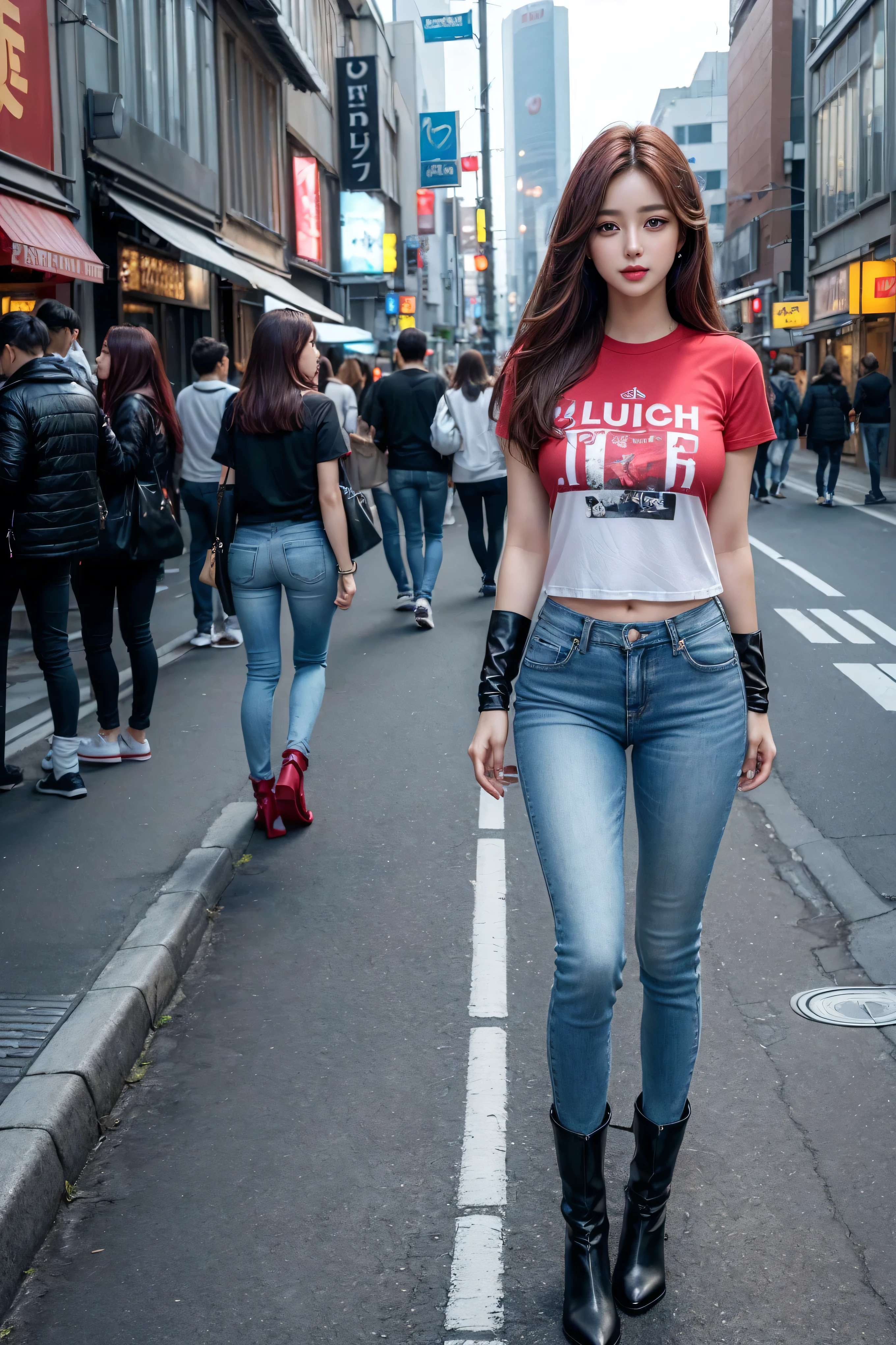 ((Realistic Lighting, best quality, 8,000, masterpiece:1.3)), (Lock focus:1.2), 2 girls at the canal,beautiful woman with perfect body:1.4, beautiful Korean girl ,K-Pop Idols,big blue eyes,Double eyelid long lashes ,plump sexy red lips,Complex and detailed face,(Smile:0.uper delicate skin)),delicate face in the background area,Super thin face,((Dark red straight hair )), (tight short t-shirt:1.4),Background Shibuya street,Large depth of field,( start from below :1.manner,(medium :1.exy long legs:1.4),(Thigh gap:1.5),Wide hips,S-Shaped Body, Hip lift, light blue skinny jeans ,full body ratio shot from the front,Long over-the-knee leather boots。