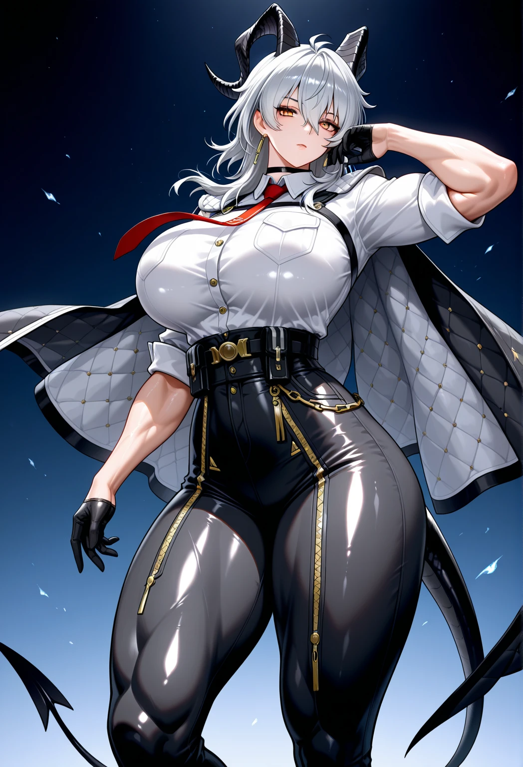 Cute girl, short white hair, cat ears, blue eyes, smile, blue collar, bell, tight blue clothes, white wool collar, blue gloves, long sleeves with white wool ends, big breasts, black belt,