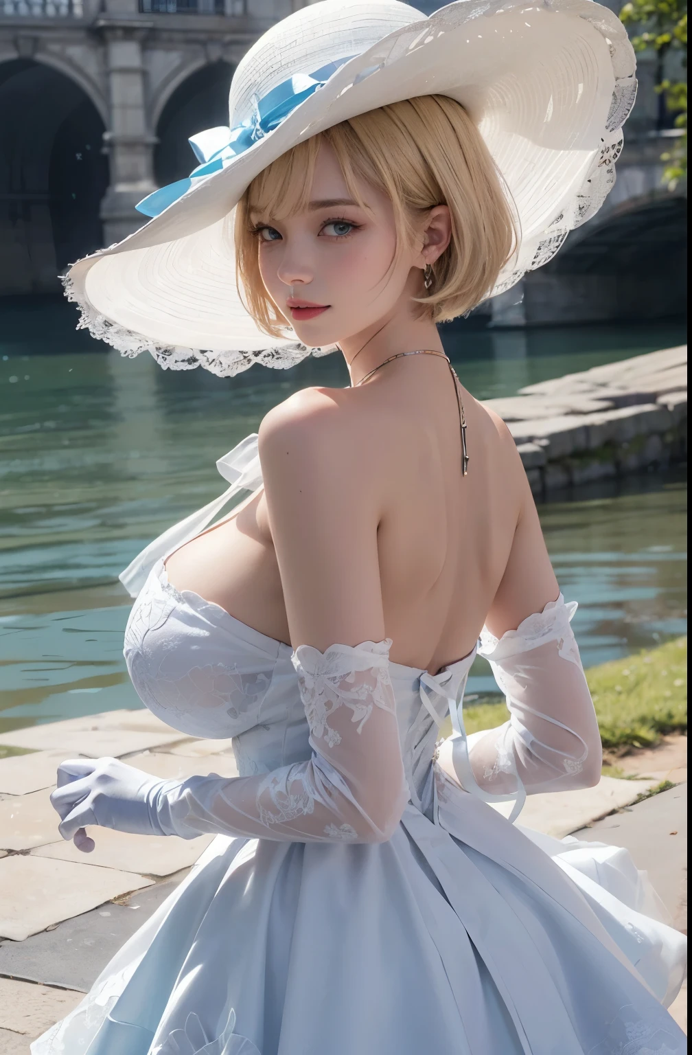 masterpiece, Best Quality, Illustration, Ultra-detailed, finely detail, hight resolution, 8K Wallpaper, Perfect dynamic composition, Beautiful detailed light blue eyes, (white narrow dress:1.3), earring, (long gloves:1.2), france, paris, (wide brim felt hat:1.2), river side terrace, necklace, jewelry, 内巻きカールヘアー, (blonde short hair:1.2), bangs, (gigantic breasts:1.2), sneering, a 18 year old girl, (kawaii:1.3), (Beautie:1.2), looking at camera, sidelong glance, glares, sullenness, Downer, make up, portrait, smile