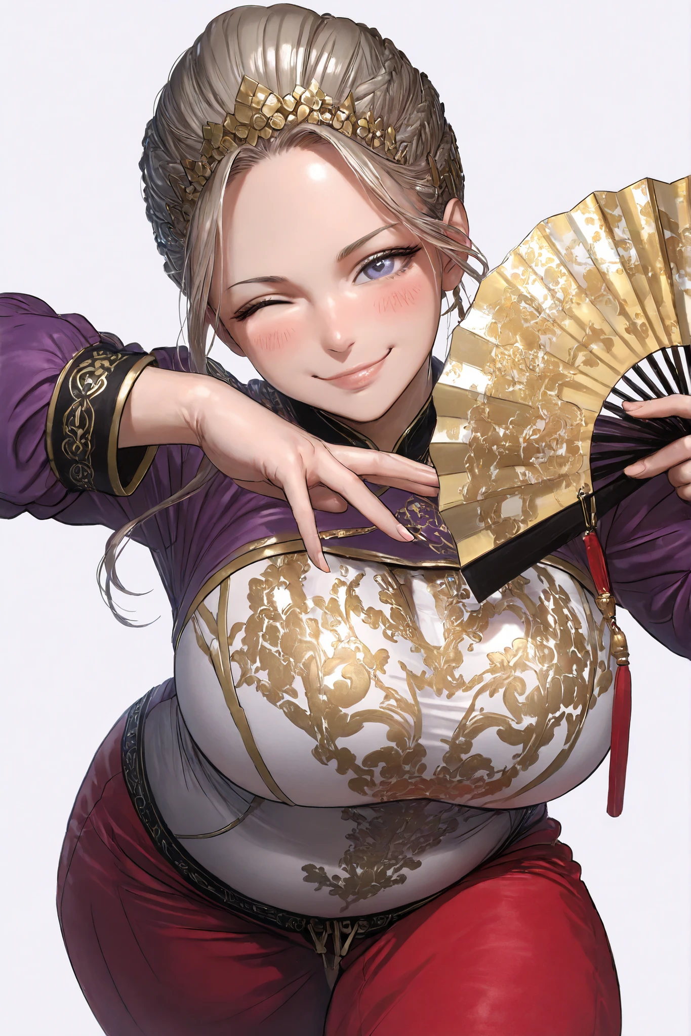 ((masterpiece:1.2, best quality)), ultra detailed, Ultra-precise depiction, Ultra-detailed depiction, (zentangle:1.2), (dynamic pose), (abstract background:1.5), (treditional dress:1.2), short platinum blonde, 1lady, wide hips, big tits, (shiny skin), many colors, upper body, (from above)