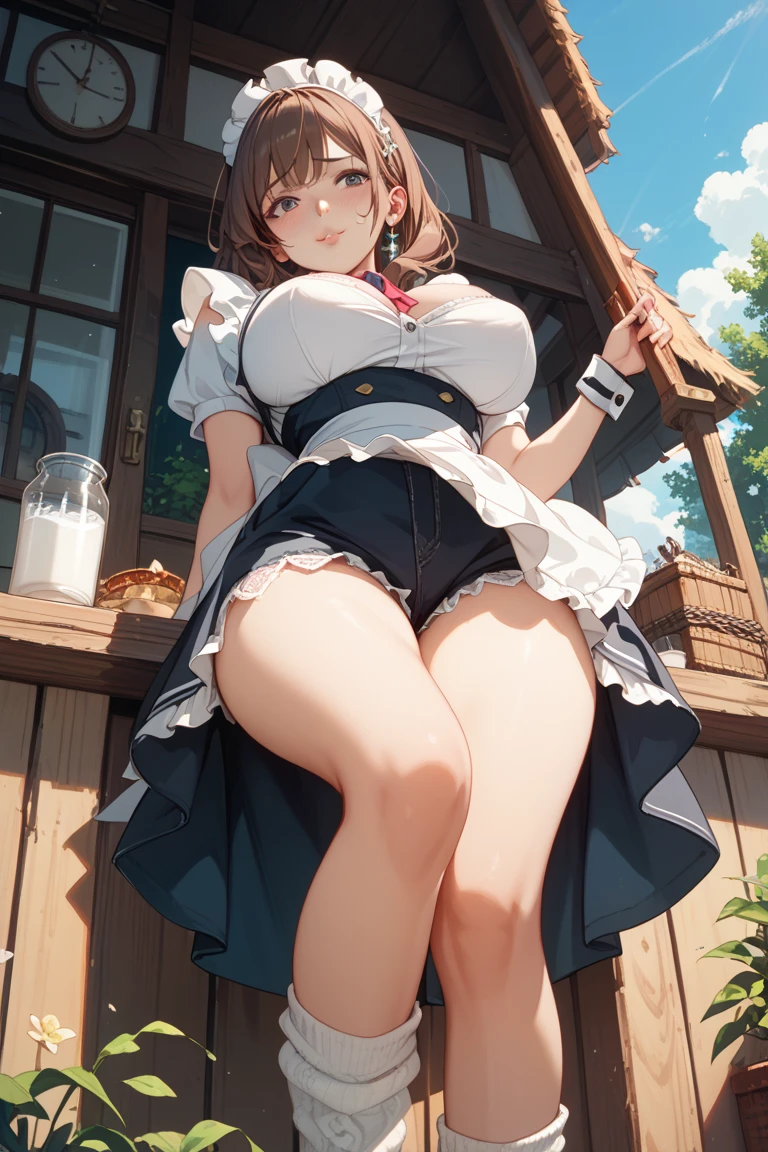 (masterpiece), best quality, (SHARP details), big breasts, 4k, (SHARP detail perfect face), braided hair, (pubic hair), detailed skin, (((standig))), very detailed pussy, (skirt lift), (presenting pussy), come hither, ((village girl)), flower basket,