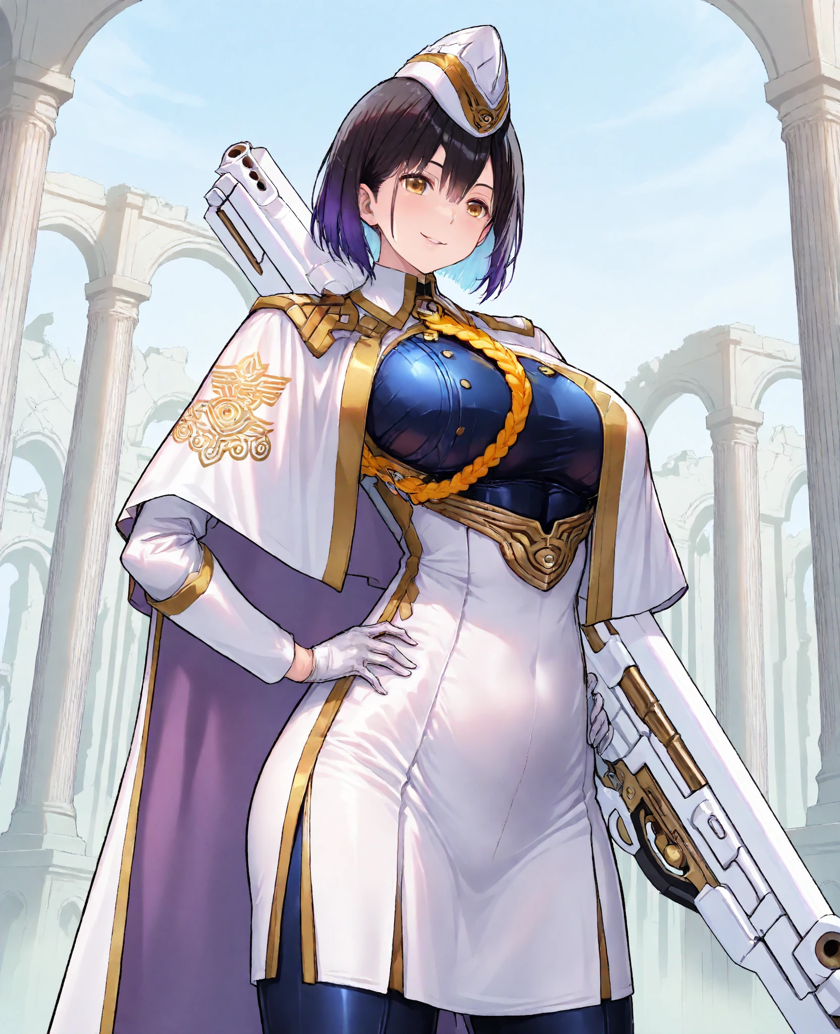
score_9、score_8_up、score_7_up、score_6_up、source_アニメ、rating_explicit、One girl、(独奏:1.2)、Big Breasts、black eye、Black Hair、short hair、Blunt bangs、Colorful Hair、Bobcut、Gray Hair、Striped Hair、White Cape、brooch、gem、Epaulettes、White vest、Black Shirt、Long sleeve、Collared shirt、button、Shorts、白いShorts、White Pantyhose、Expressionless、Narrow shoulders、Heavy breathing、Steaming body、forest、Outdoor、Staring at the audience、Close-up