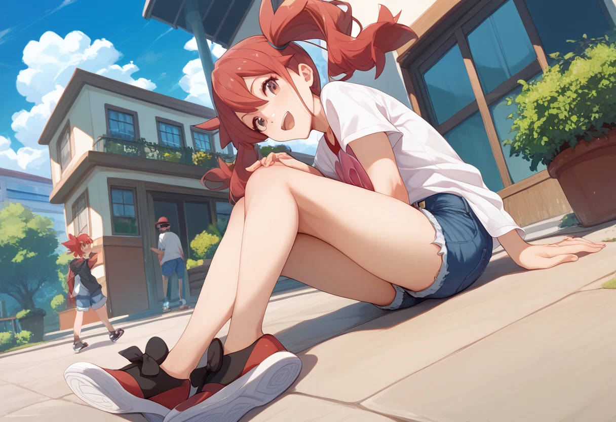 highest possible resolution,best quality,masterpiece,(detailed face),1 girl,solo,(woman),wide shot,embarrassed, ahoge, bangs, bare_legs, bare_shoulders, barefoot,long hair,looking at viewer,red hair,red eyes, heart-shaped pupils,<lora:eris_v6:1>