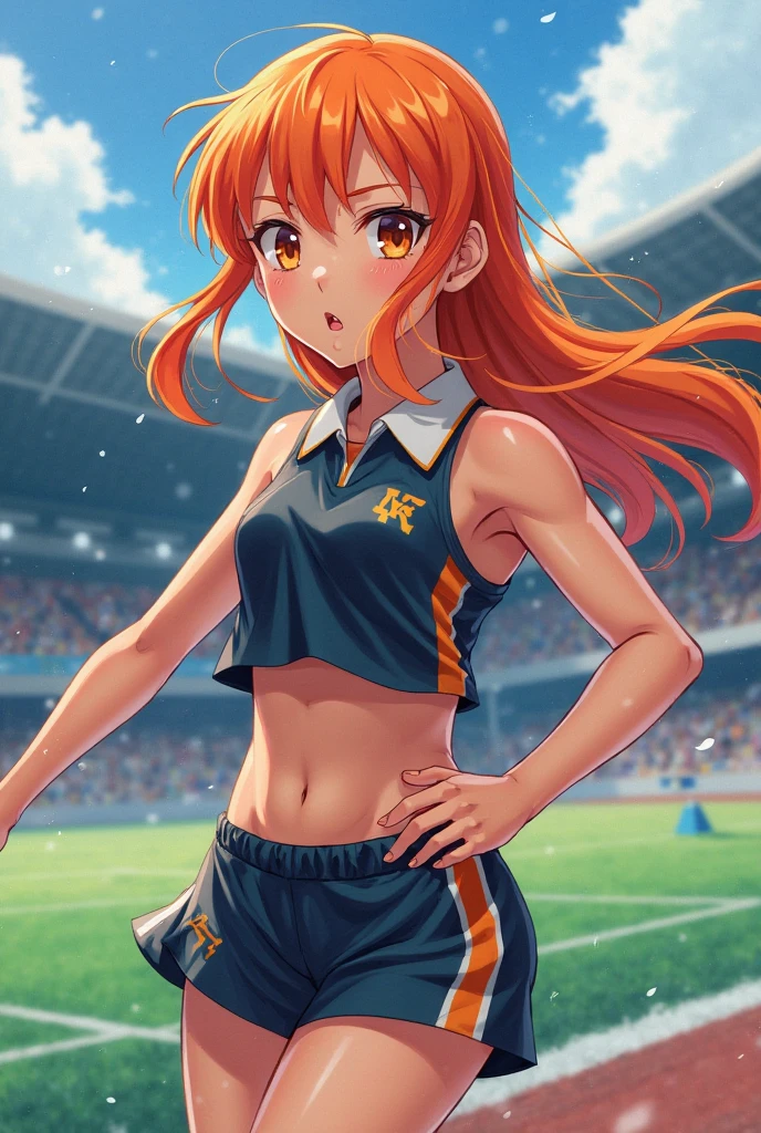 (highres:1.2),solo,girl with fox ears,smiling,back turned to the viewer,big butt,Slacks,sporty clothing,soccer field,diamond,multicolored hair,multicolored eyes.