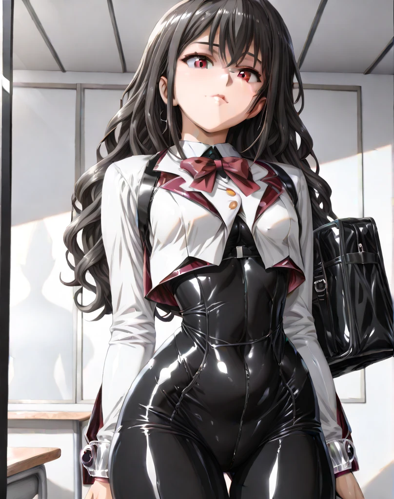 girl in a white shirt and black pencil skirt ,in black tight tights ,brown-haired , in rubber gloves, full length pulls on the glove , Erotic smile