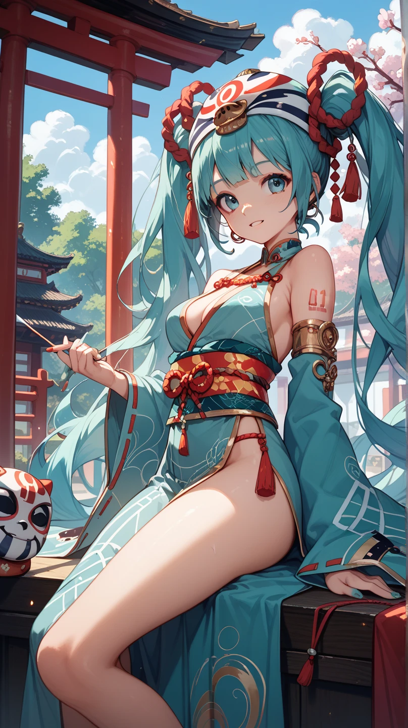 masterpiece, Best Quality, official art, 8K Wallpaper, Very detailed, illustration, 1 chico, Chinese style, ink, sky blue hair, by the wide, detailed eyes, forrest fun, bare shoulders, Hanfu, lake, Pure, soft smile, bamboo, has