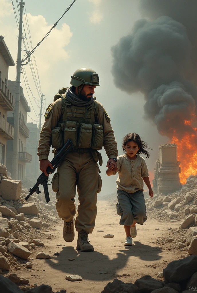 futuristic world,a wounded soldier holding a scared child,war,apocalypce,fire,smoke, climate of war destruction,city,people running,drizzling weather,8k,4k,HD,ultra realistic,cinematic