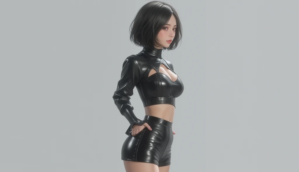 Official art, extremely detailed CG Unity 8k wallpaper, best quality, masterpiece, high resolution, pretty girl ninja, short hair, black cropped top leather armor, brown belt, scabbard on thigh, Japanese sword, leather gloves, black mini leather skirt, black over-the-knee flat boots, tight leather, full body photo, melon face, small face, fell to the ground, skirt leaking, open legs, no panties, blood, bloody scar on the stomach,