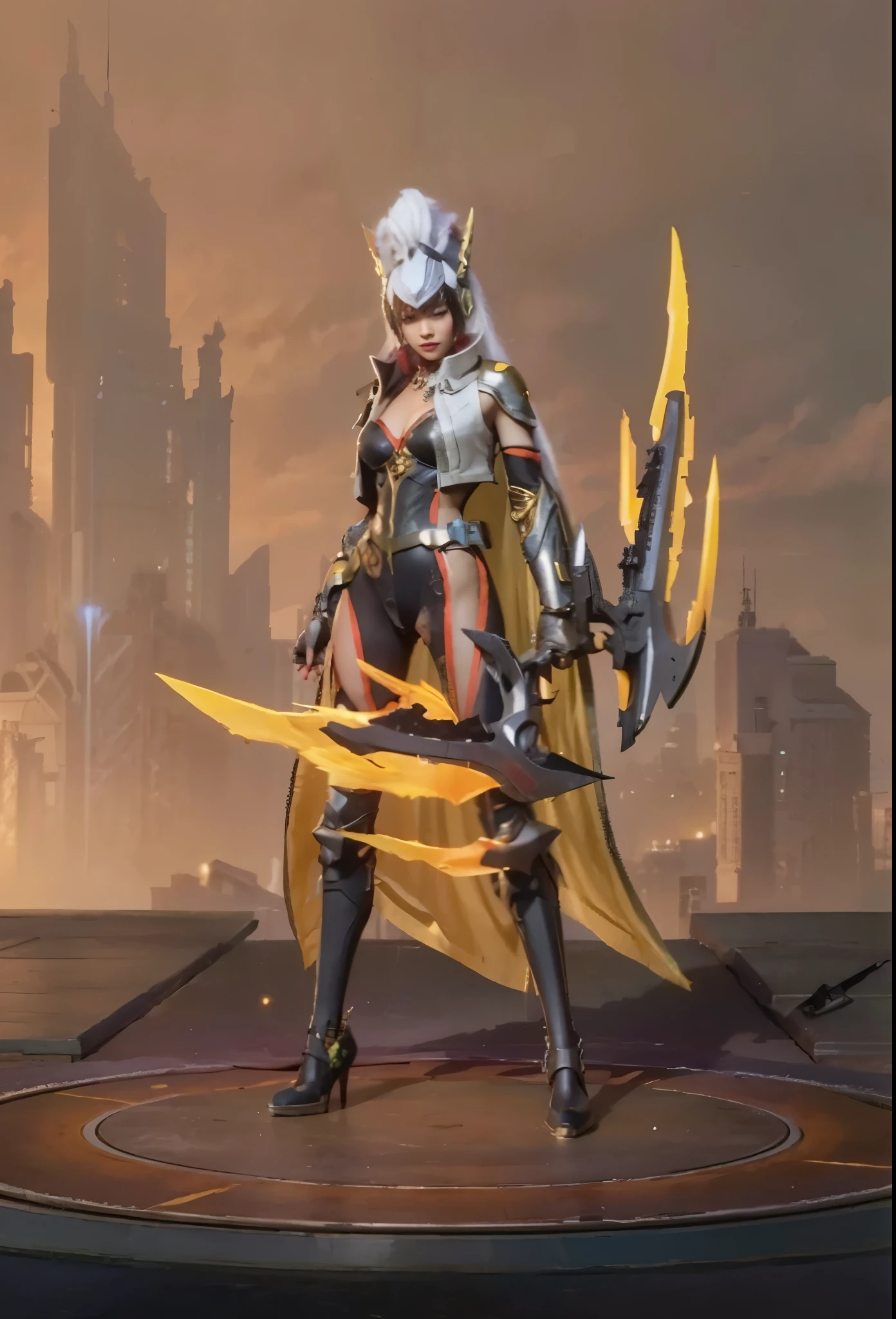 (8K, 最好质量, A masterpice:1.4), (アニメ, illutst:1.6), superdetailed, babes,a Pretty, 独奏, Beautiful ruins, (a smile:1.3),(Chest circumference small:1.4), Floating hair, (Short stature:1.5), cockpit, pilotsuit, headset on head, Exterior Mechanical, Gatling, axe