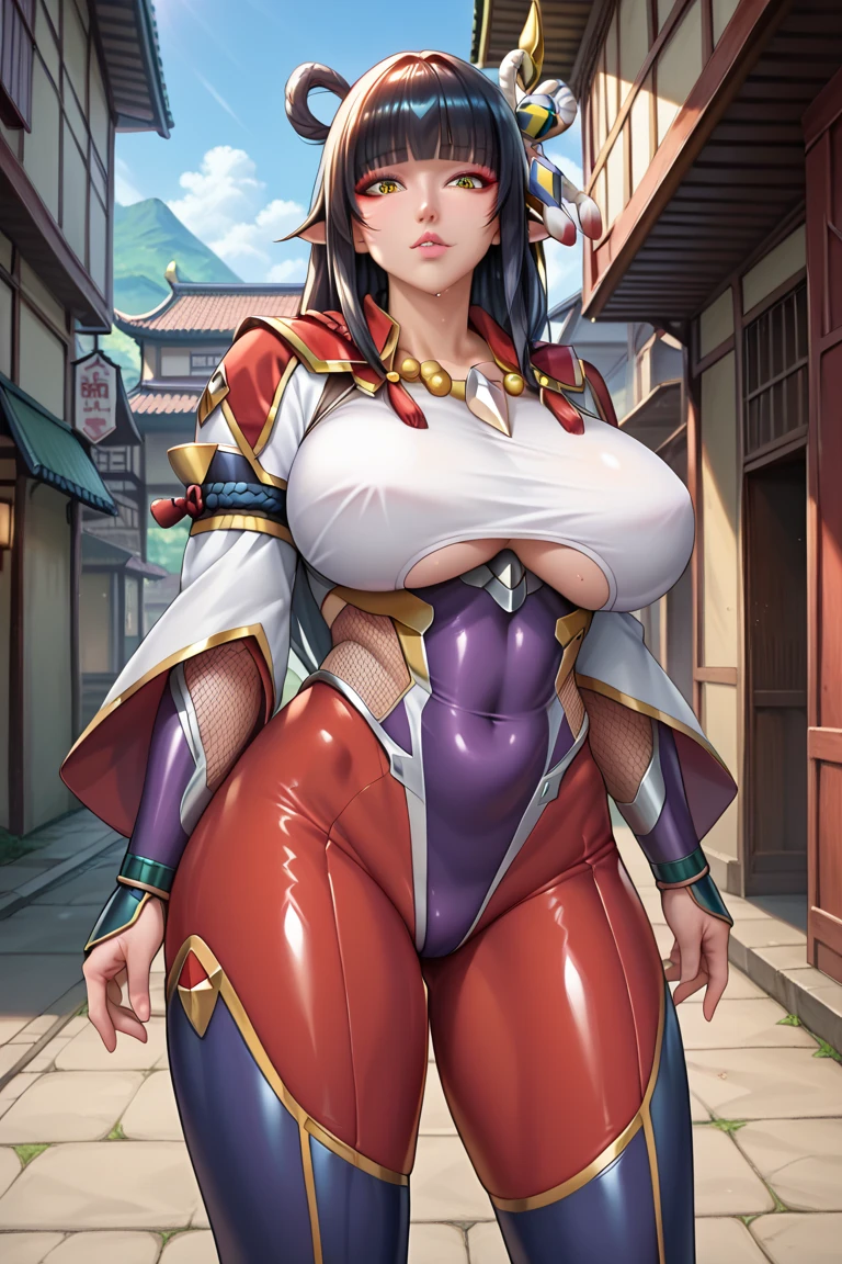 (masterpiece), (Highest quality), (((High resolution))), (Rebis style), (perfect Full Body).
title:((Taimanin girl)). Girl details:(Character - Kaoruko Sazaki)、Brown Hair_Twin tails, (Highly detailed face),Erotic,((Sexy bimbo body)),Perfect Breasts,(huge breasts:1.5),sexy,(Perfect body line),Narrow waist, (Dark Skin:1.3). costume details:(Taimanin Suit). (Double peace)
