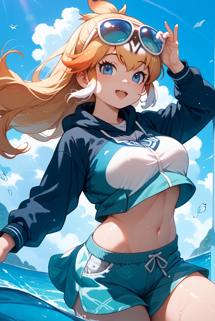 (masterpiece, best quality:1.2), cowboy shot, (solo), (1girl):1.5, glasses, long fluffy pink hair, hair blowing, gorgeous, slight smile, (elegant swimswit), navel exposed, large breasts, breasts niples, cameltoe, on a ship at windy sea.