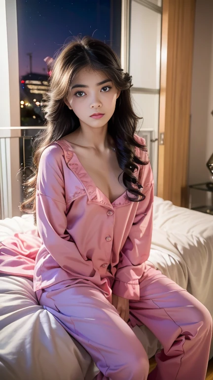 (best quality,masterpiece:1.2,ultra high res,photorealistic,1girl,smile,(sexy:1.1)thin pajama,on the bed,night time,medium breast,curly hair)