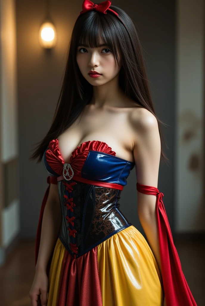 Beautiful Selena Gomez, snow white cosplay, (blue)  top, (((yellow pleated silk skater skirt, red and white slashed puffed shoulder sleeves)), black bob hair, red headband, red cape, silk, satin, photorealistic, masterpiece, best quality, beautifully detailed face, detailed skin, white leggings, sexy, 