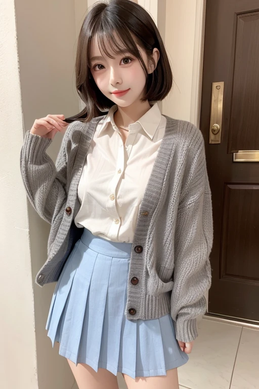 highest quality、8k Masterpiece、超A high resolution、(Photorealistic:1.3)、RAW Photos、1 girl、Black short hair swaying in the wind、Glowing Skin、((Ultra-Realistic Details))、Portrait、Global Illumination、Shadow、Octane Rendering、8k、Super sharp、Beautiful breasts、Metal、Cold colors、、Very intricate details、Realistic Light、CGSoation Trend、Beautiful Eyes、Shining Eyes、To the camera、Neon Details、20age、Mean、Small devil、Obscene、wide shot、full body、Silver charm on the ankle、smile、Young body shape、未来的な白いIdol衣装、Cosplay、A little sexy、Moe、very cute、cute、pure、virgin、love、Idol、shocking pink、mini skirt、Frills、見たこともなほど可愛い白いIdol衣装、A girly cafe with gentle sunlight