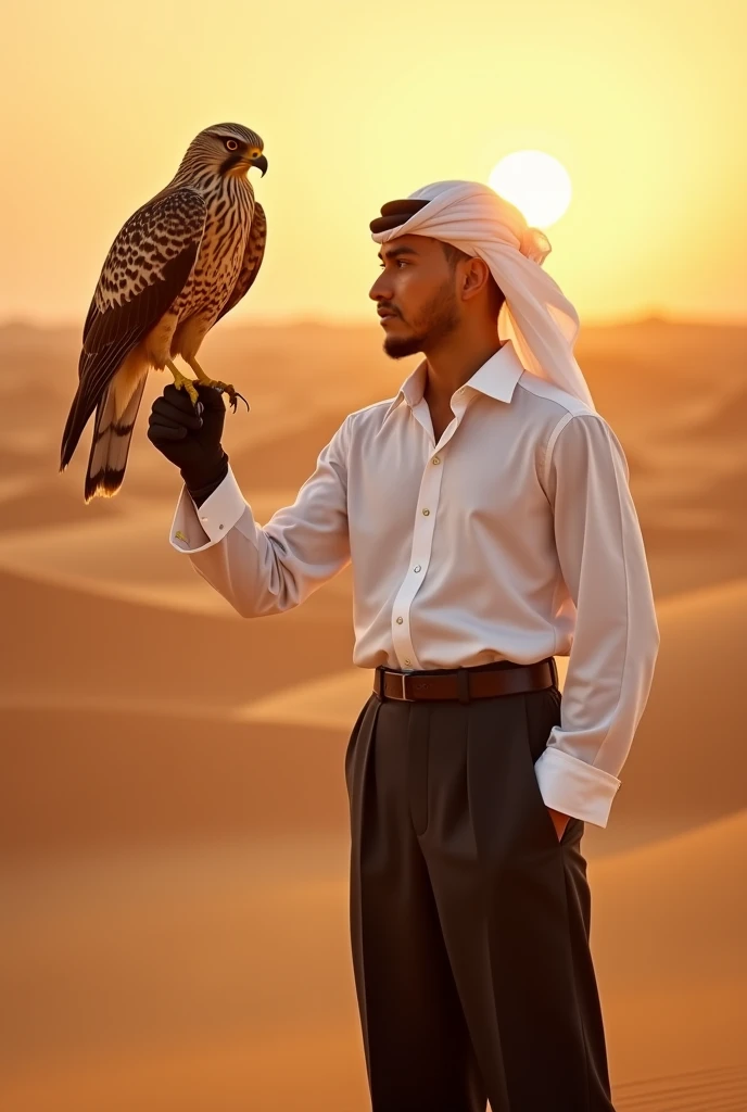 A handsome beautiful slim shirtless white skin man in the desert with a falcon