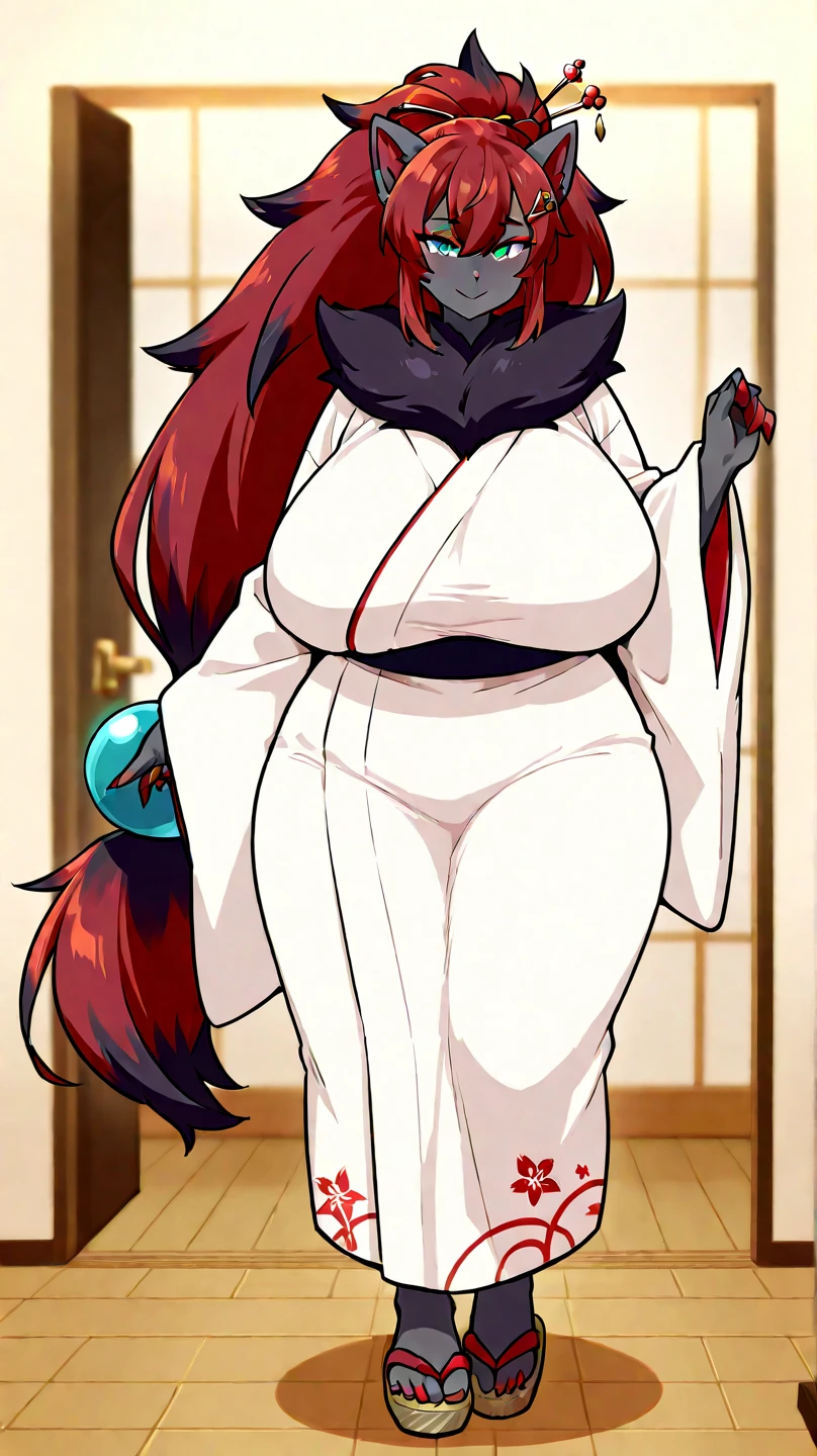 masterpiece, best quality, ultra HD, 4k, detailed anatomy, ((Bimbo)), extremely voluptuous, ((Thicc)), curvy, (Shiny skin), White Fur, (Very Gigantic Breasts:1.6), (fully rounded shaped Fox Face), black nose, ((Kitsune)), plumpness, very tall, fox ears, multiple tails, ((solo)) , (stunningly beautiful), extremely busty, smile, ((only wearing sexy fundoshi)), ((only red fundoshi)), ((gigantic breasts)), full body picture, sexy plantigrade legs , humanoid feet, (very huge pink nipples), ((fully topless)), ((Extremely Massive breasts)), (Very Plump and fat belly). ((fox snout)), ((furry)), show legs and bare feet, very plump, (bare breasts), ((nsfw)) , Female, ((always fully topless)), blushing, big feet, ((Rokushaku Fundoshi only)), blue nails, (Massive Ass), very slim thighs, adorable chubby face, removing robe, cute hairstyle,