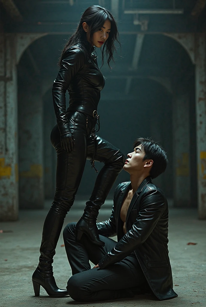A teenage goth girl stepping on her twin brother&#39;s penis, wearing black gothic boots, she is furious and stomping her feet.