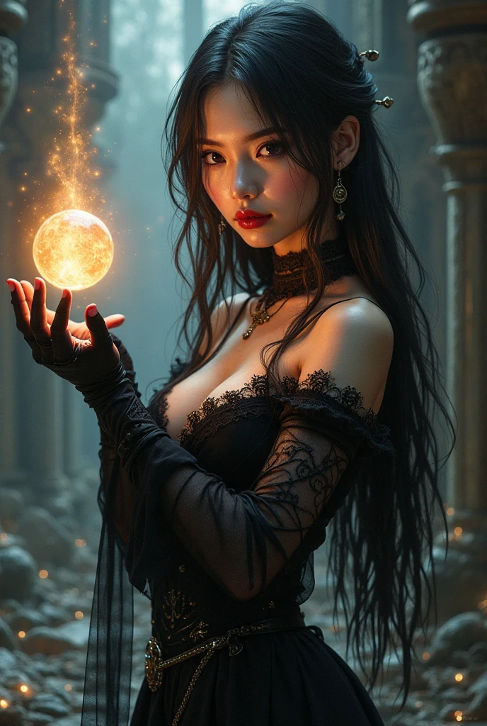Virtual image, Realistic, Virtual Magic, Chinese woman, undercover, 1 woman, beautiful, charming, sexy, Medium bust, Blue-bronze hair, medium length hair, light blue eyes, red lips, tattoo, sexy, Black tight dress, tights, high-heels, full body, Real picture, Pose naturally, Candle floating in the air, A lot of yellow lightning with white candles around it., Snowfall at night