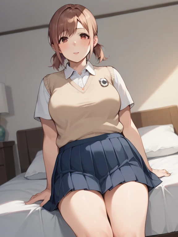masterpiece, best quality, (one boy and one girl are having :1.3), home, on bed, misigh school student, (plump:1.2), short height, medium length hair, (ahoge:1.0), (brown hair:1.2), brown eyes, hairs between eyes, collared shirt, blazer, pleated skirt, , bow, black thighhighs, (saliva:1.4), (pussy juice:1.5), (swe2),