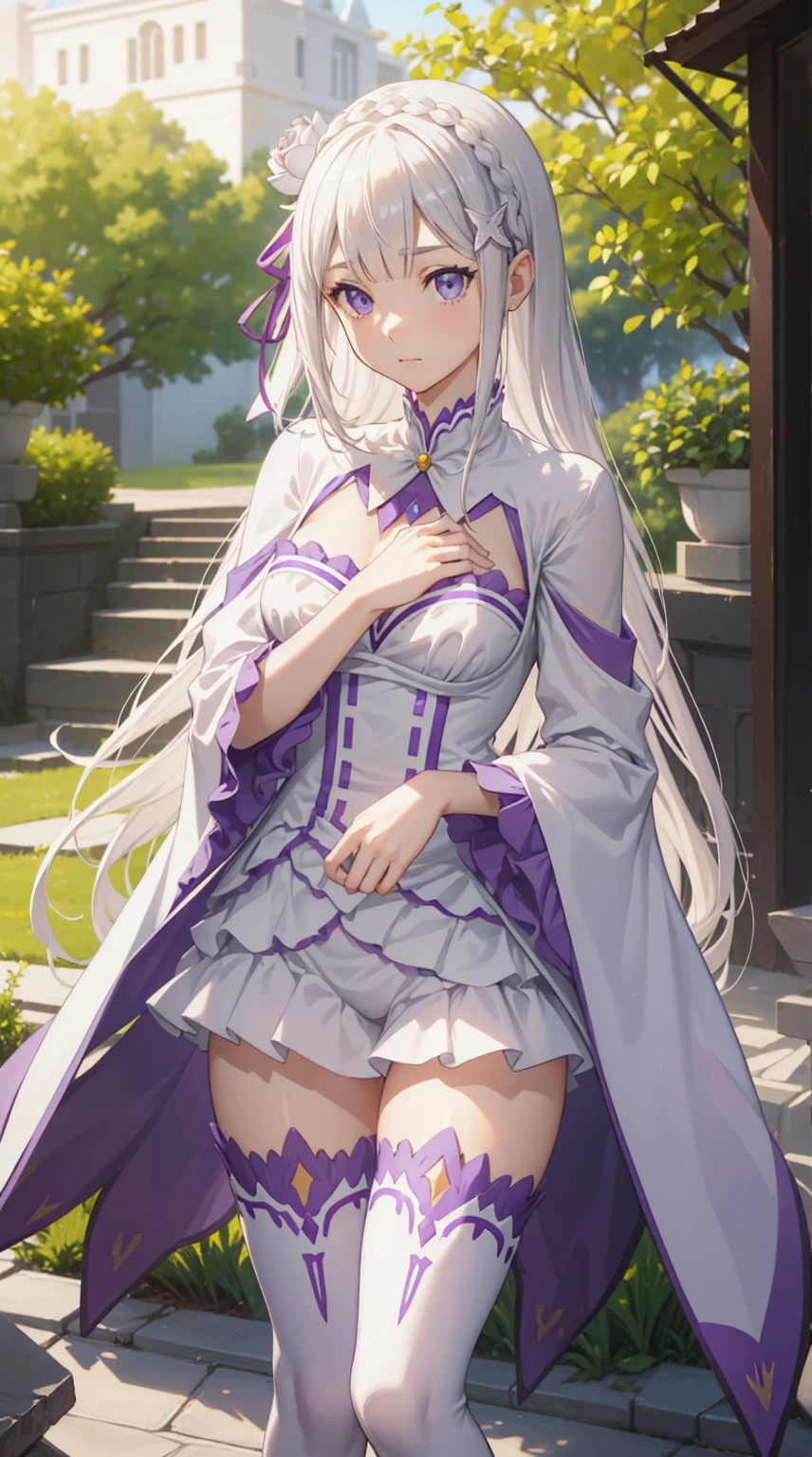1girl, solo, Emilia, emilia_\(re:zero\), long hair, silver hair, blunt bangs, braid, hair ornament, hair flower, hair ribbon, purple ribbon, purple eyes, blush, low-tied long hair, elf,bare shoulders, detached sleeves, wide sleeves, cleavage, pleated skirt,miniskirt, thighhights, white legwear, white shoes, ,(skirt lift by myself:1.8),skirt lift,showing panties,(side_tie_panties),underwear, outdoors, (masterpiece:1.2), highres, best quality, 8k, very clear,