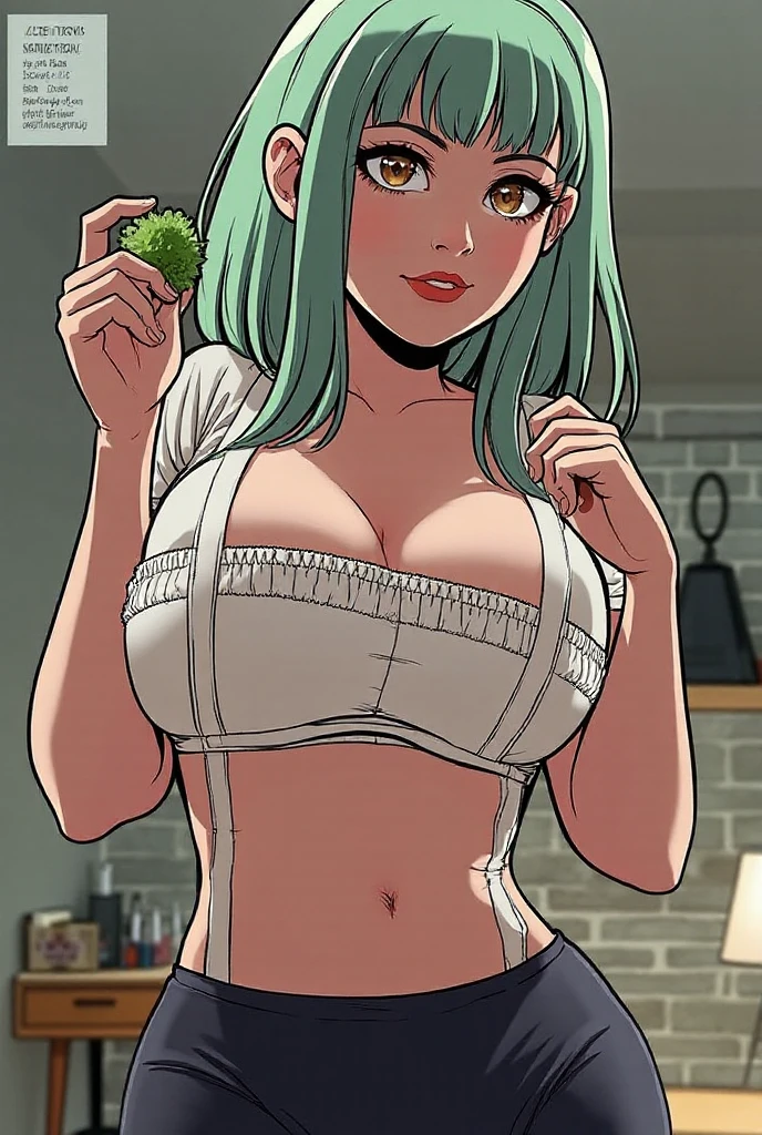 Cute Farmgirl with Braids. ((Woman with light green hair, milf woman, shorth hair, short hair)), Perfectly round face. Beautiful cute face, Big beautiful voluptuous lips, charming beauty, ((gentle expression on your face)), ((Beautiful Big, detailed green eyes)), Waist slender, Broad Hips ((short tank top with exposed abdomen, tight short shorts)),offcial art, Award-winning digital painting, digital illustration, extreme detail, 4K, ultra HD, Rococo, polished, Intricate, realistic fantasy art, sharp focus, conceptual artwork, arte por WLOP, artgerm, (2D vector illustration) Light, airy, hourglass figure. ellie bamber