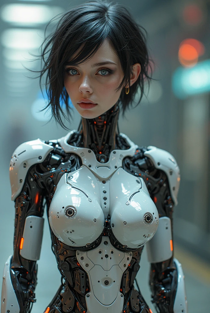 realistic woman Kusanagi Motoko,Ghost in the shell ,Prosthetic body(1 fille),(Ghost in the shell style:1.0),realistic Ghost in the shelll with guns,Portant des collants en résille blancs,front,1fille,(Big eyes:1.2),(nice eyes:1.2),(nice face:1.3),(Detailed face:1.3),(ssmile),(Muscle:1.1),(Sensuel:1.3),(thick thighs:1.2),(body wet with sweat),(the background is black:1.5),(Blurred background:1.2),(head of'artwork,la plus haute qualité,ultra haute résolution,Super detailed,8k),Background'screen,L'background is Cyberpunk City