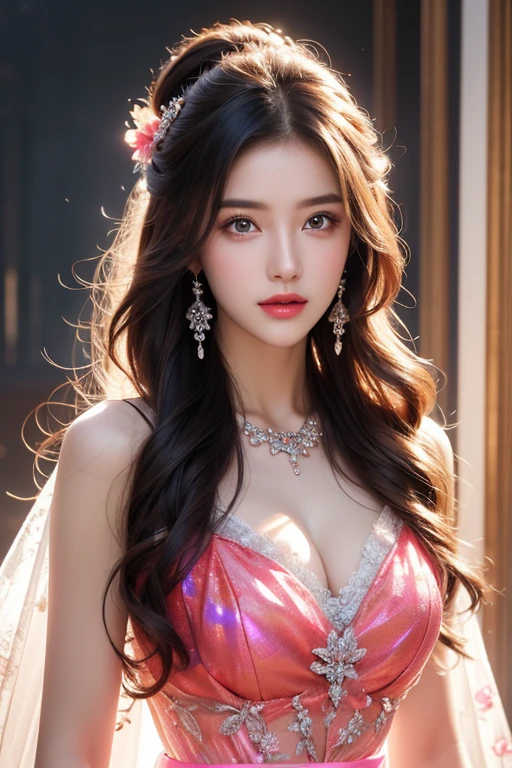 High-quality work，Realistic works，Super premium graphics，8K HD CG works，high quality graphics，High-definition and exquisite CG works，10x pixels，Ultra-fine details：1.1，Advanced technical details：1.1Realistic photo effects，Interior lighting effects：1.5，natural soft light：1.5. Light effect（Virtual light effects：1.8），ultra high resolution，shining dress，sliver long hair，silber hair，transparenthair，high detailed hair（Quality hair details：1.1）Clear eyes，Double eyelids look good，Sharp eye makeup, Create exquisite eyelash makeup, tthin eyebrows, Ultra-detailed eyes，a tall nose, lovely red lips, rosey cheeks, With delicate makeup on her face , pretty face, The face shape is perfectly proportioned,（Advanced facial details：1.1）8K, UHD, Masterpiece, extreme quality, 1 girl, good face, detailed eyes, very long hair, detailed lips, small breasts, detailed empress fantasy dress, magenta fantasy dress, ((glowing dress:1.5)), lace, (bare waist:1.5), flowing sardine, beautiful fantasy, fantasy empress, beautiful alluring Realistic art, shining skin, in the balcony, Realistic shadow, depth of field, ray tracing, god rays, bloom, bokeh effect, , Women's artwork，Dress full body video，Realism，Amazing Cleavage，My eyes are very bright today
