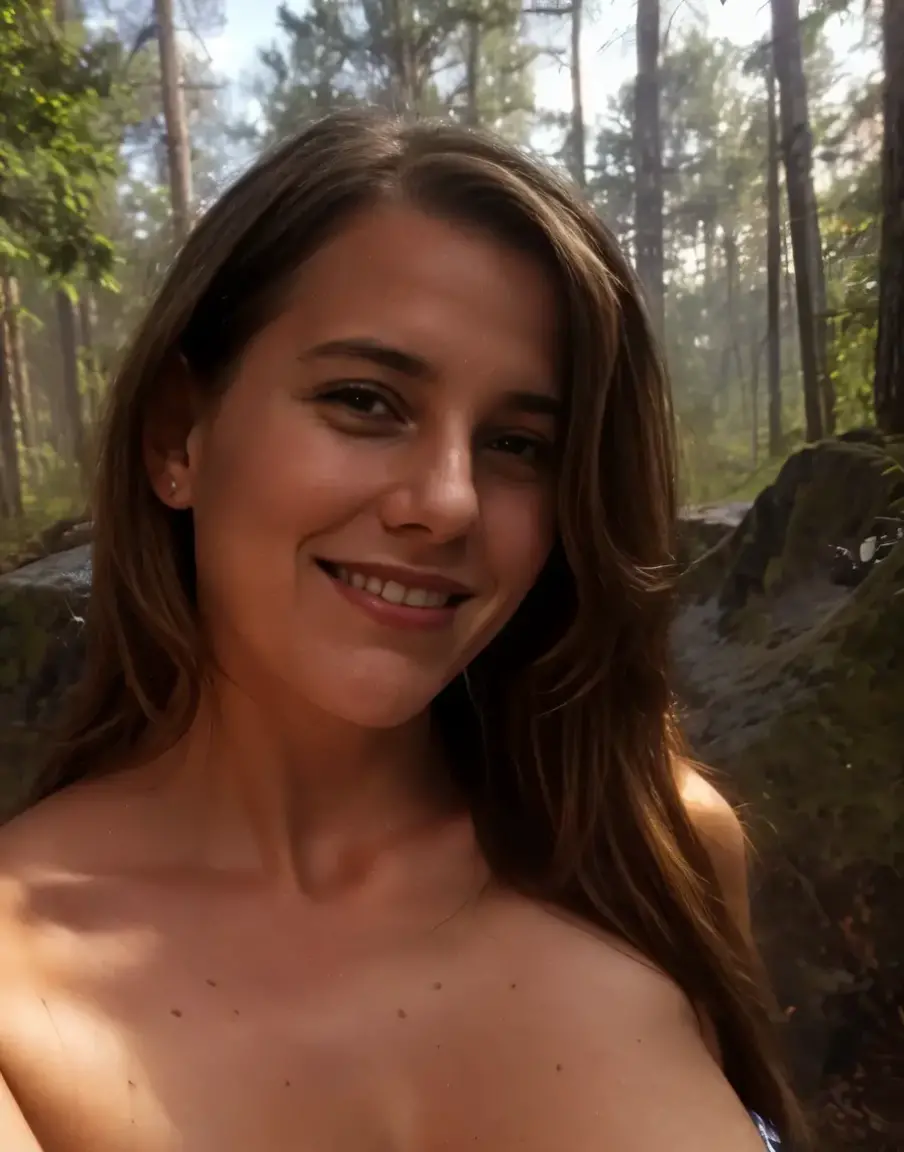 1 woman((Upper Body Selfie, happy)), masterpiece, Best Quality, ultra detailed, Alone, outdoor, (evening), mountains, nature, (stars, officer) happy, happy, nude, brown hair, Long hair, black eyes, happy, sexy, Whole body