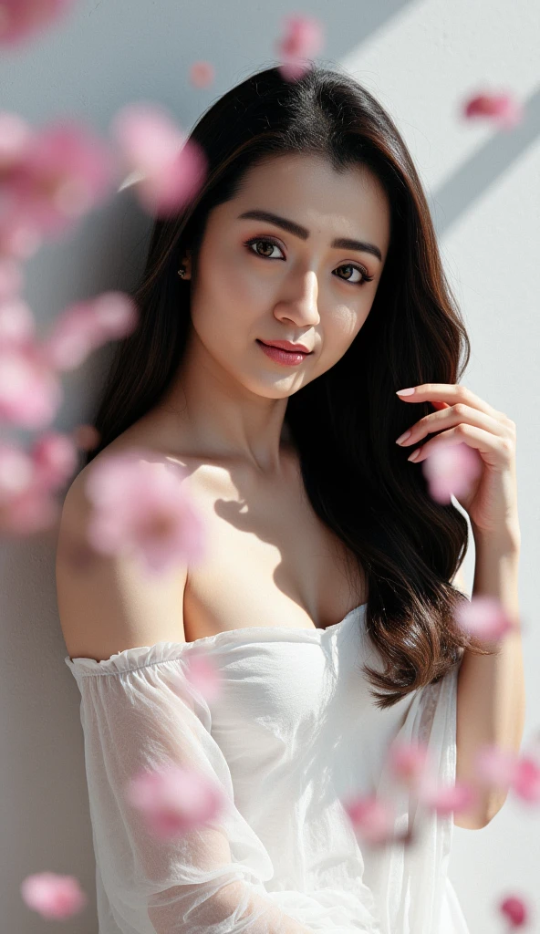 Superb Quality, Masterpiece, High Resolution, 1Girl, Blush, (Charming Smile: 0.8), Star Eyes, Chinese Hanfu, Hair Accessories, Jewelry, Beauty, on_body, Tyndall Effect, Realistic, Peach Blossom Forest, Light Edge, Two-tone Lighting, (High Detail Skin: 1.2), 8K UHD, DSLR, Soft Light, High Quality, Volume Lighting, Voyeur, Photo, High Resolution, 4K, 8K, Background Blur